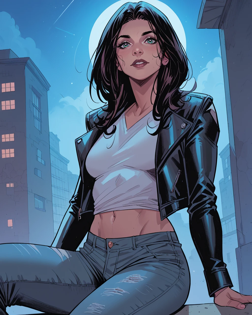 score_9, score_8_up, score_7_up, score_6_up, masterpiece, best quality,   zPDXL3, zPDXLxxx,   <lora:Jessica JonesPonyLoRA:1> jssjojwl, long hair, leather jacket, jeans, shirt,  <lora:MarcoChecchetto:1> checchetto, night, solo, contrapposto, midriff, sitting, looking at viewer,
