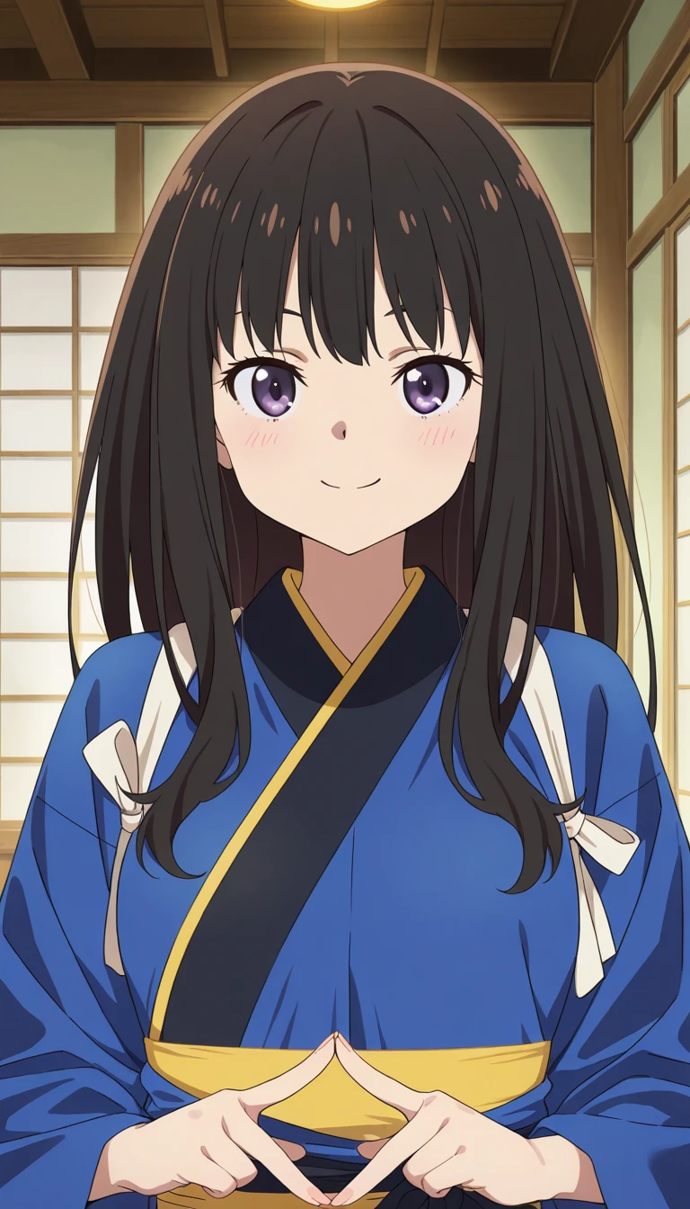 (masterpiece),best quality,amazing quality,very aesthetic,absurdres,newest,perfect body,shiny skin,perfect eyes,detail1eye,well-defined fingers,well-defined fingernails,anime style,indoors,1girl,solo,upper body,looking at viewer,facing viewer,smile,blush,Lycoris Recoil style,Inoue Takina,official clothes,<lora:Lycoris Recoil style-Illus:1.6>,