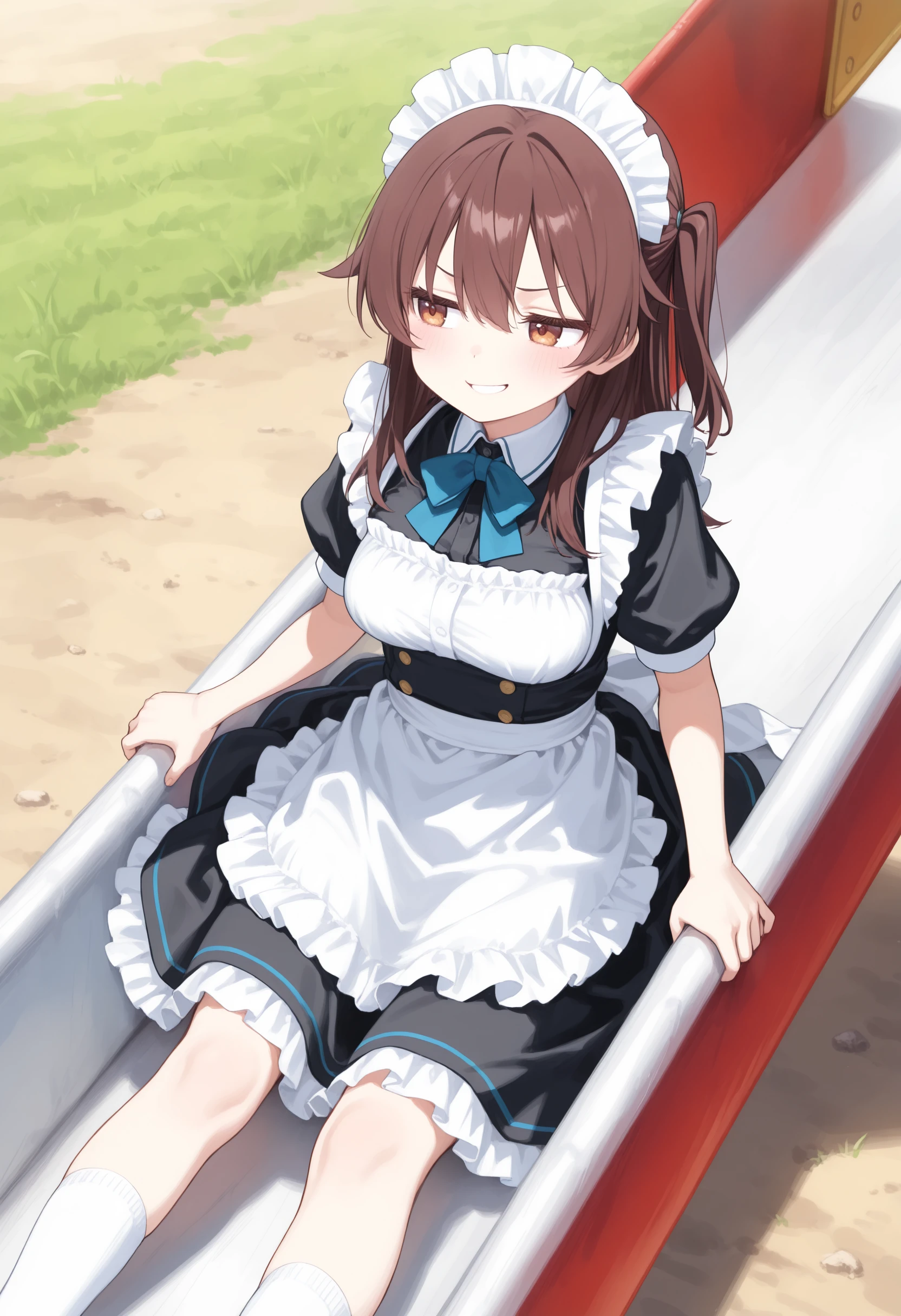 1girl,(sho \(sho lwlw\):0.7),(toosaka asagi:0.5),(sincos:0.3),solo,
masterpiece, best quality, newest, absurdres, CG, anime, source anime, illustration,
maid, maid headdress,medium breasts,
slide,outdoors, day, playground, <lora:slide_Illust_v1:0.8>
dutch angle, full body, looking away, brown hair, brown eyes,smug, parted lips, side hair,
