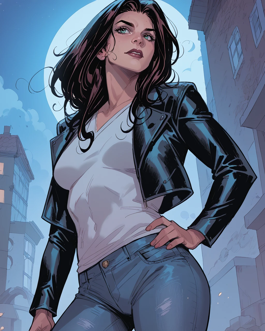 score_9, score_8_up, score_7_up, score_6_up, masterpiece, best quality,   zPDXL3, zPDXLxxx,   <lora:Jessica JonesPonyLoRA:1> jssjojwl, long hair, leather jacket, jeans, shirt,  <lora:MarcoChecchetto:1> checchetto, night, solo, hand on hip, contrapposto,