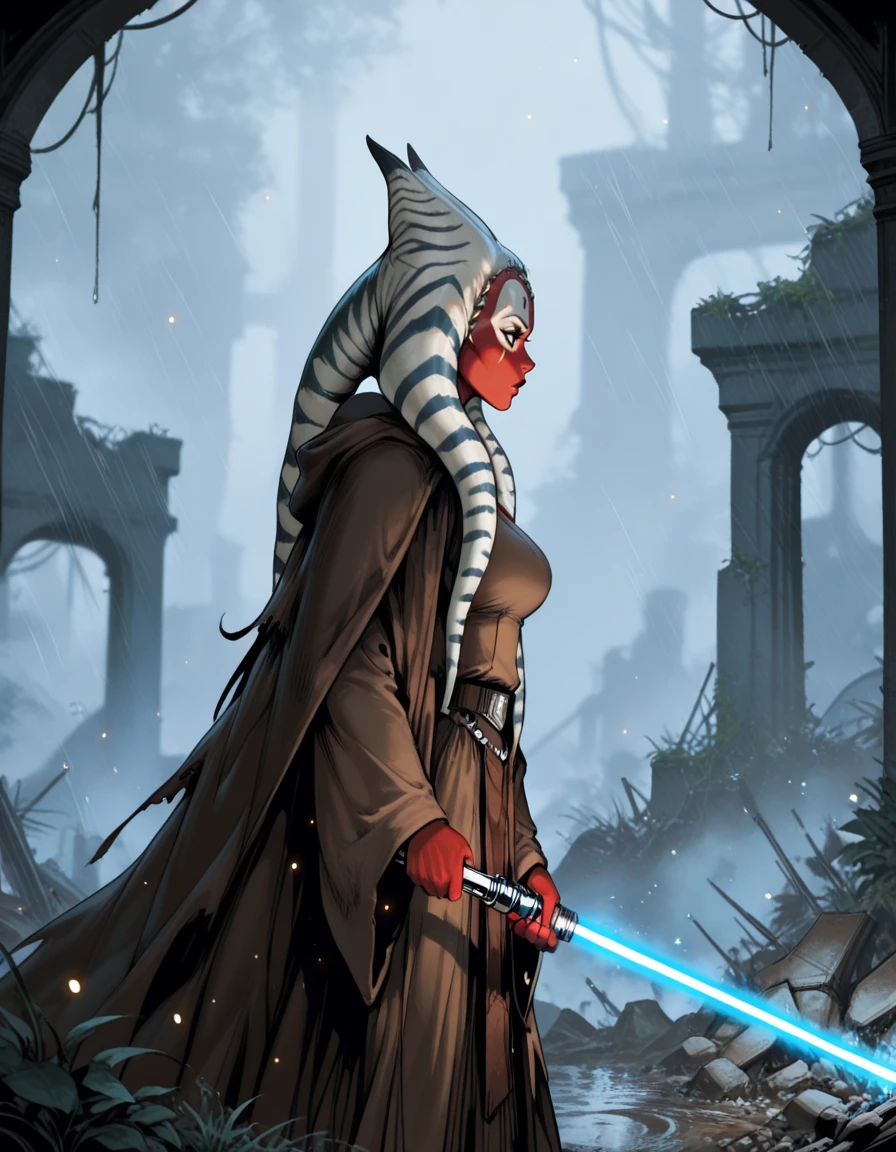 masterpiece, best quality, 1girl, solo, absurdres,
large breasts,
Shaaktidg,
facial mark, jewelry, colored skin, red skin, black eyes,
robe, cloak, tunic,
, from side , dodging an attack by flipping backward, graceful motion, ,
science fiction, ruins, rain,
holding lightsaber,
attack, fighting stance,
glowing, light particles, blurry background,
embedding:SmoothQuality,