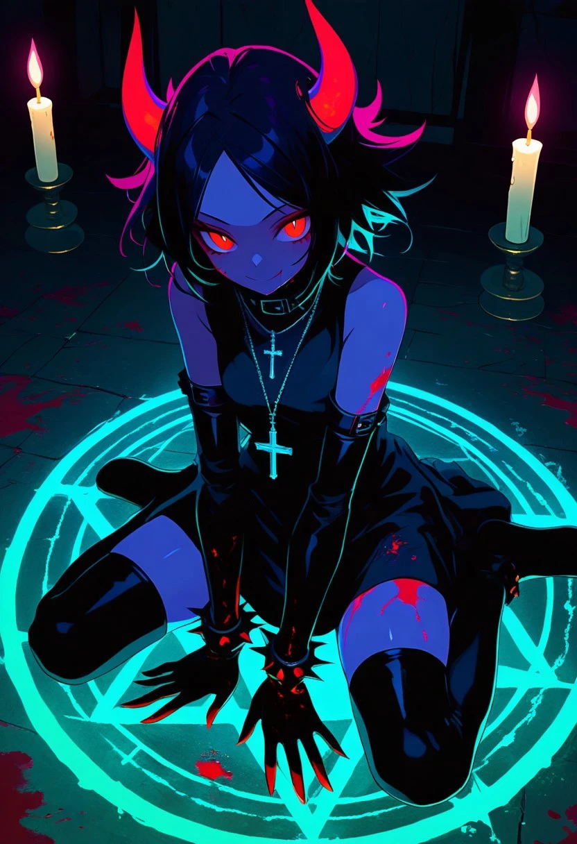 nlstn, horns, black hair, 1girl, jewelry, solo, bracelet, thighhighs, candle, red eyes, sitting, wariza, colored skin, gloves, looking at viewer, smile, blood, spikes, elbow gloves, magic circle, dress, black thighhighs, pentagram, necklace, glowing, bare shoulders, short hair, cross, black dress