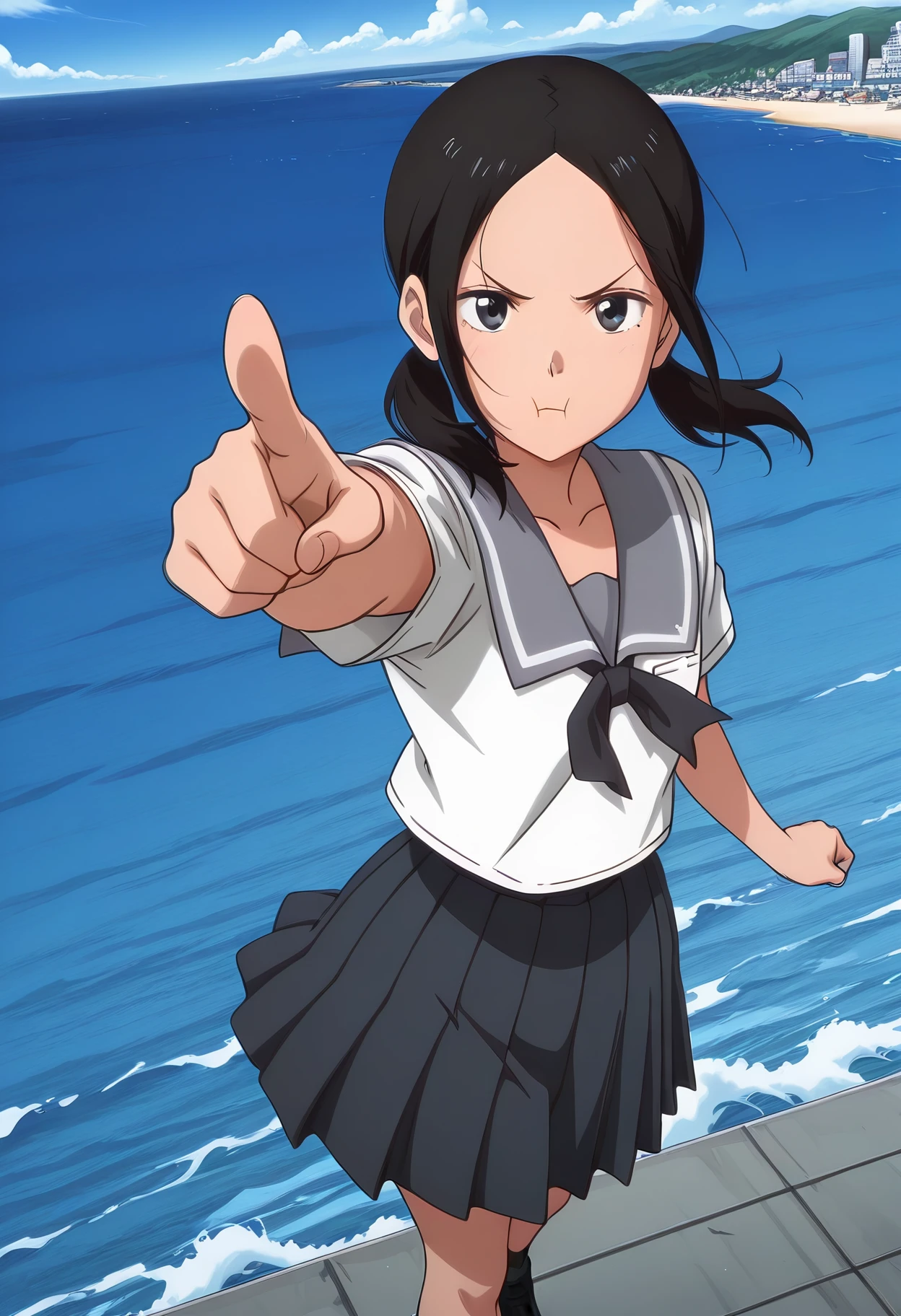 Smooth Quality,masterpiece, anime artwork, anime style, studio anime,
ocean,
dutch angle,:t,pointing at viewer,
<lora:Chio-chan_no_Tsuugakuro:0.8> cnn/chio,
1girl, black hair, school uniform, serafuku, twintails, black eyes, pleated skirt,black footwear,