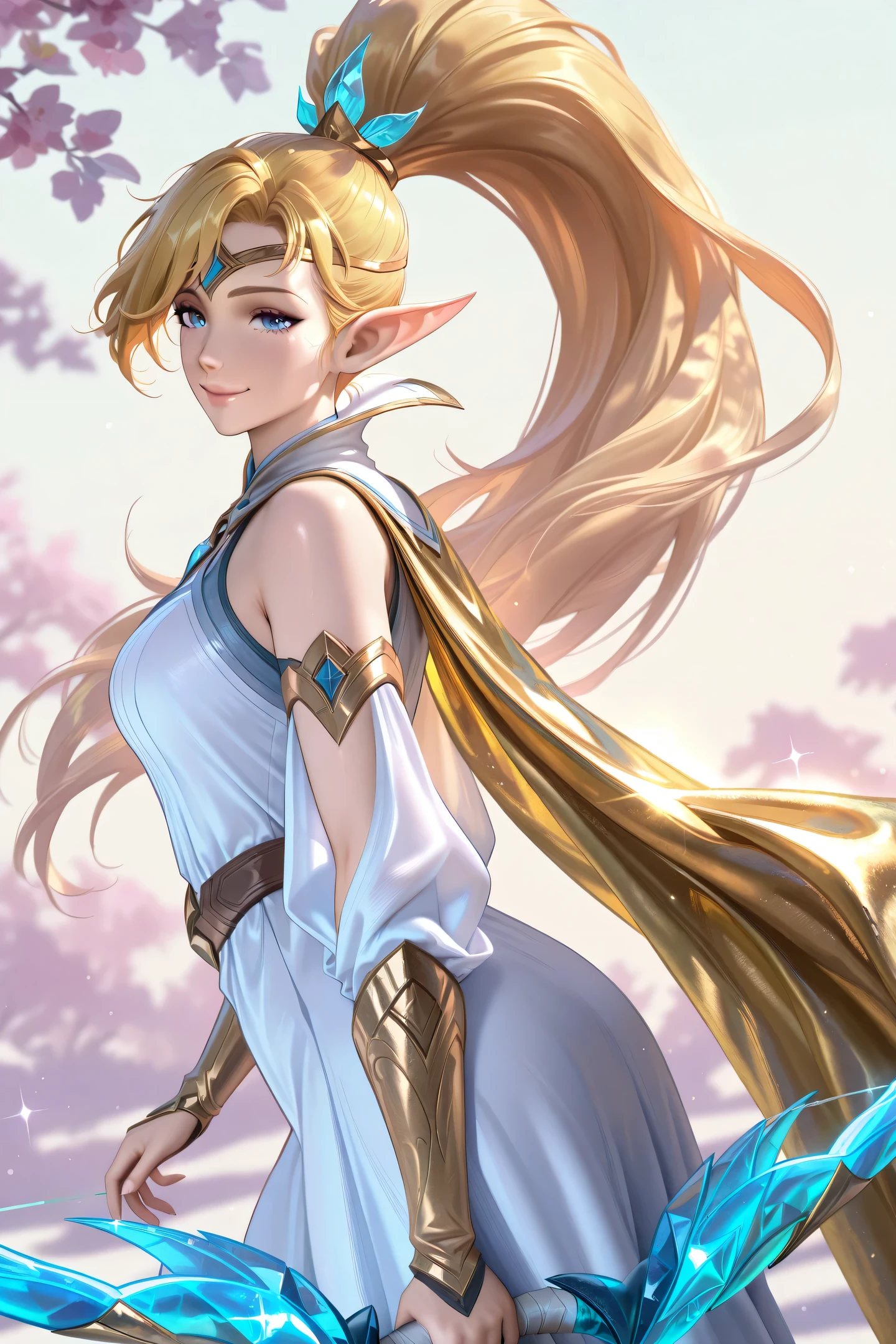 masterpiece, best quality, ultra-detailed, absurdres, newest,1girl, solo,miyapriestess, long hair, blonde hair, elf,high ponytail, pointy ears, white dress, golden cape,detached sleeves, armband, beautiful face, charming smile, gentle expression, sparkling blue eyes, soft lighting, smooth skin, perfect shading, holding bow (weapon), looking at viewer
simple background, blurred background, soft pastel colors, clean composition, natural pose, relaxed shoulders, elegant posture