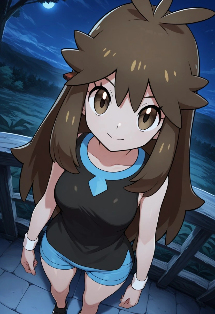 2d, masterpiece, best quality, amazing quality, 1girl, solo, close-up, standing, smile, upper body, from above, dutch angle, looking at viewer, night, moonlight, sky, lgpegreen, green \(pokemon\), brown eyes, eyelashes, long hair, bangs, brown hair, sidelocks, black shirt, sleeveless shirt, blue shorts, short shorts, shoes, black footwear, bare legs