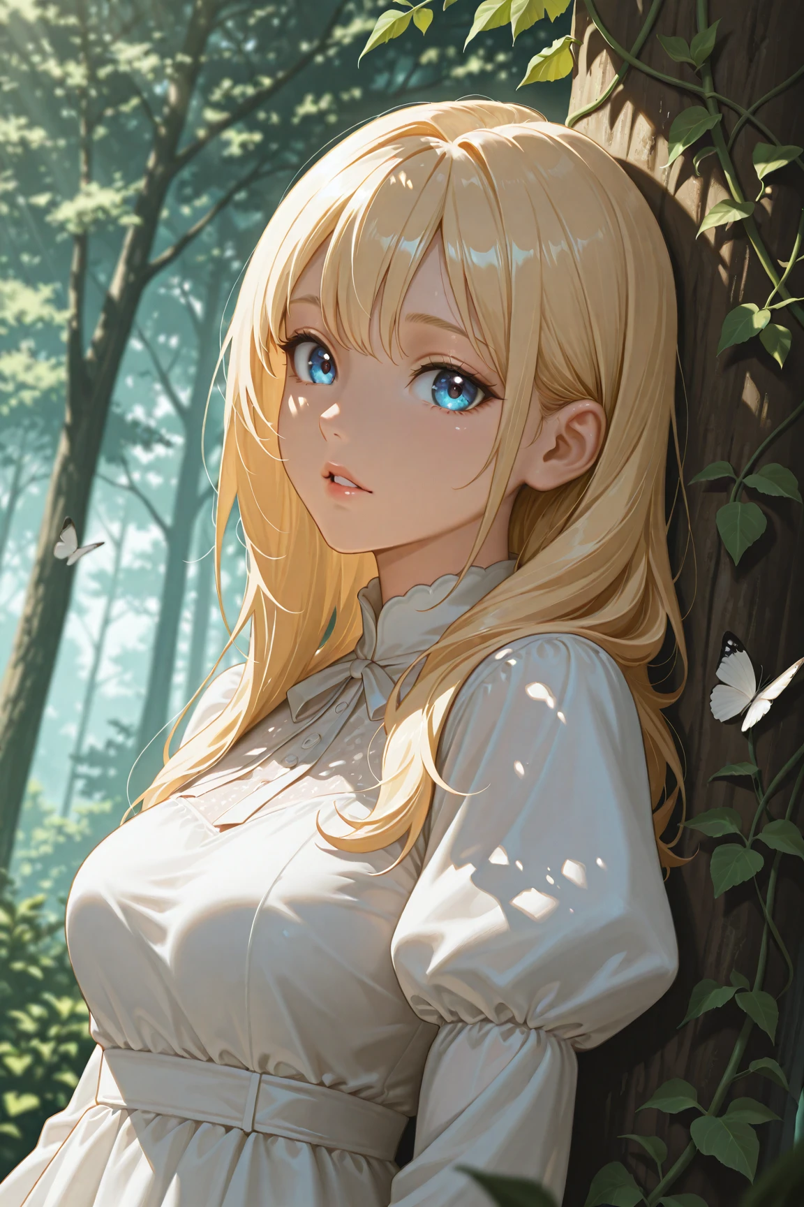 masterpiece, best quality, amazing quality, very aesthetic, high resolution, ultra-detailed, absurdres, newest, scenery, anime, anime coloring, (dappled sunlight:1.2), rim light, backlit, dramatic shadow, 1girl, long blonde hair, blue eyes, shiny eyes, parted lips, medium breasts, puffy sleeve white dress, forest, flowers, white butterfly, looking at viewer, leaning side against tree, vines, green, arms, upper body, close-up, dutch angle, shiny skin, BREAK, eyes, lips, dramatic shadow, depth of field, vignetting, volumetric lighting