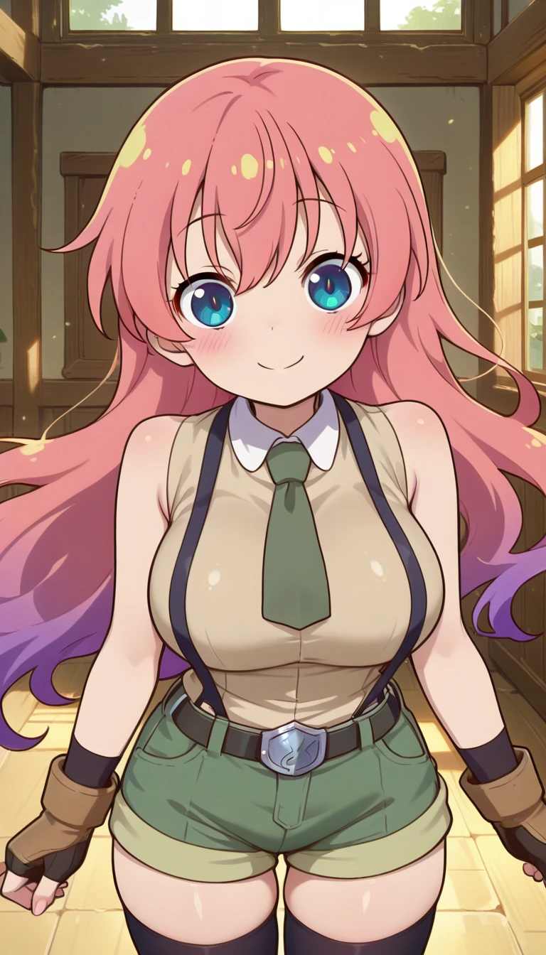 (masterpiece),best quality,amazing quality,very aesthetic,absurdres,newest,perfect body,shiny skin,perfect eyes,detail1eye,well-defined fingers,well-defined fingernails,anime style,indoors,1girl,solo,upper body,(portrait:1.5),looking at viewer,facing viewer,smile,blush,Kobayashi-san Chi No Maidragon anime style,Novice female,Novice female uniform,very long hair,pink hair,floating hair,bangs,blue eyes,collared shirt,sleeveless shirt,beige shirt,large breasts,dark green necktie,bare arms,fingerless gloves,black belt,suspender shorts,green shorts,short shorts,shorts rolled up,zettai ryouiki,black thighhighs,boots,<lora:TNT-Novice female(tnt)-Illus:1.6>,<lora:Kobayashi-san Chi No Maidragon anime[style]:1.6>,
