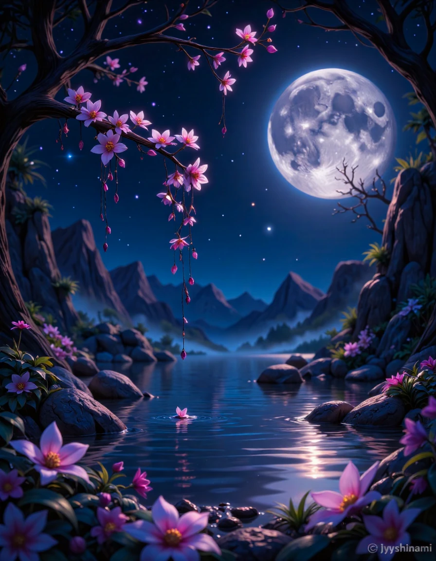 photograph of a serene, mystical night scene, featuring a large full moon hanging in the dark blue sky, surrounded by twinkling stars. A branch with delicate, purple flowers hangs down from the top left, with some flowers cascading into the water below, creating a beautiful reflection. The water is calm and mirrors the moonlight, adding a tranquil, almost magical atmosphere. The background is a deep, dark blue, with subtle gradients and highlights enhancing the ethereal quality. The flowers are in sharp focus, while the moon and stars are slightly blurred, giving a sense of depth. The overall mood is peaceful and dreamy, with a touch of romance. The image has a watermark at the bottom center that reads "© jyshinami." The style is realistic, with a slight artistic touch, emphasizing the beauty and tranquility of nature at night.