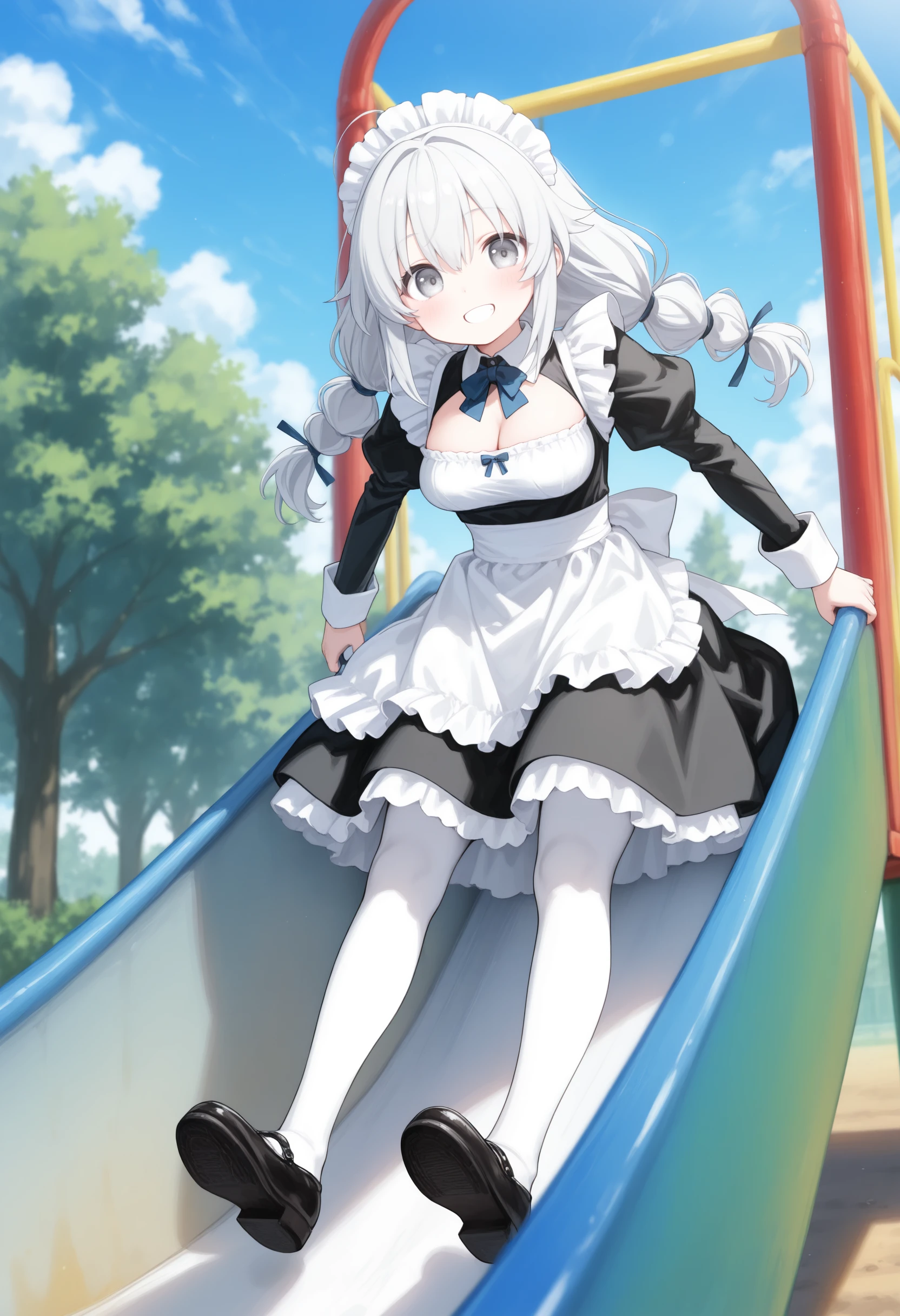 1girl,(sho \(sho lwlw\):0.7),(toosaka asagi:0.5),(sincos:0.3),solo,
masterpiece, best quality, newest, absurdres, CG, anime, source anime, illustration,
maid, maid headdress,medium breasts,
slide,outdoors, day, playground, <lora:slide_Illust_v1:0.8>
ceiling, full body, looking at viewer, gray hair, silver eyes,happy, closed mouth, multi-tied hair,