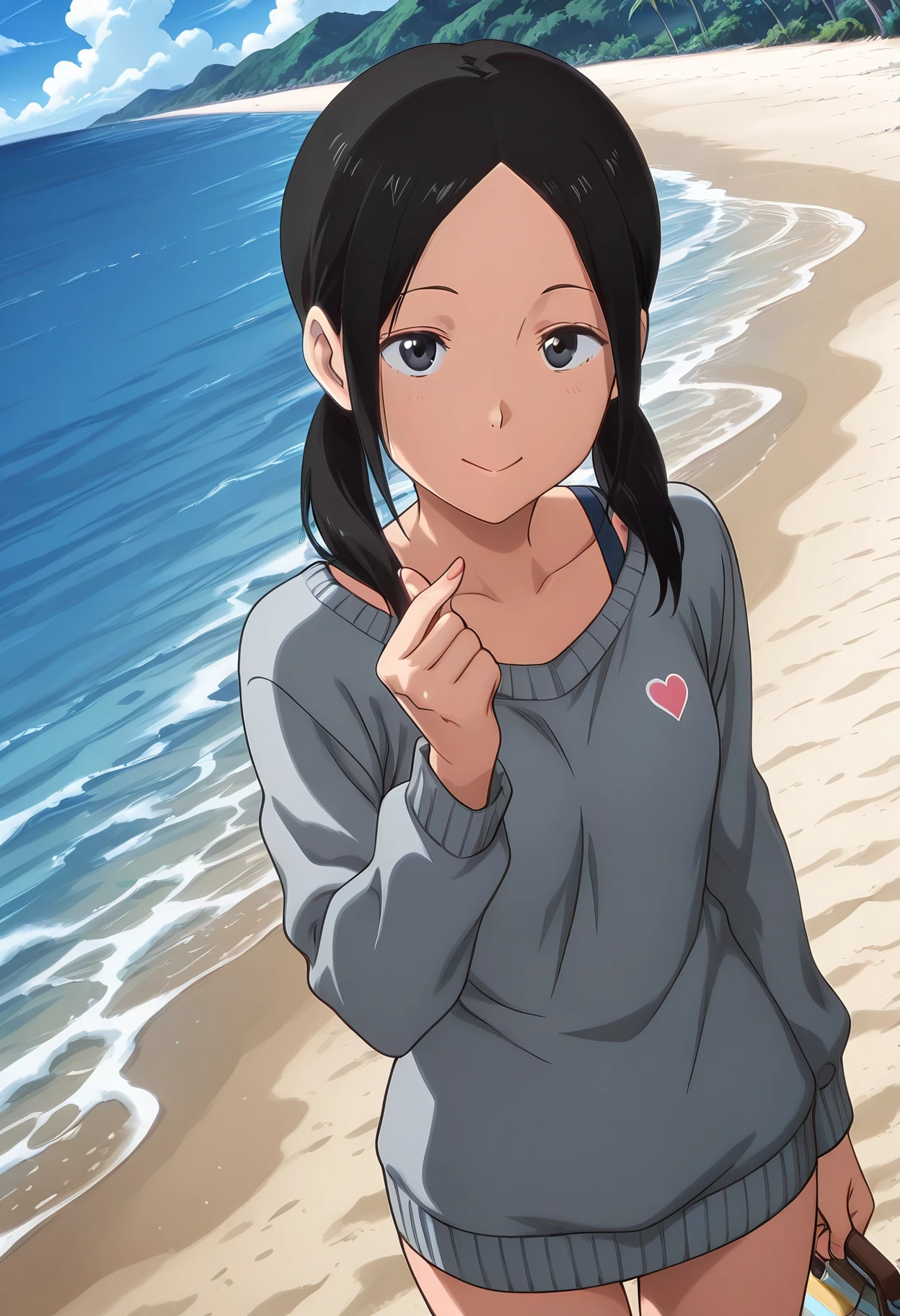 Smooth Quality,masterpiece, anime artwork, anime style, studio anime,
beach,
dutch angle,c:,finger heart,
sweater,
<lora:Chio-chan_no_Tsuugakuro:0.8> cnn/chio,
1girl, black hair, twintails, black eyes,
