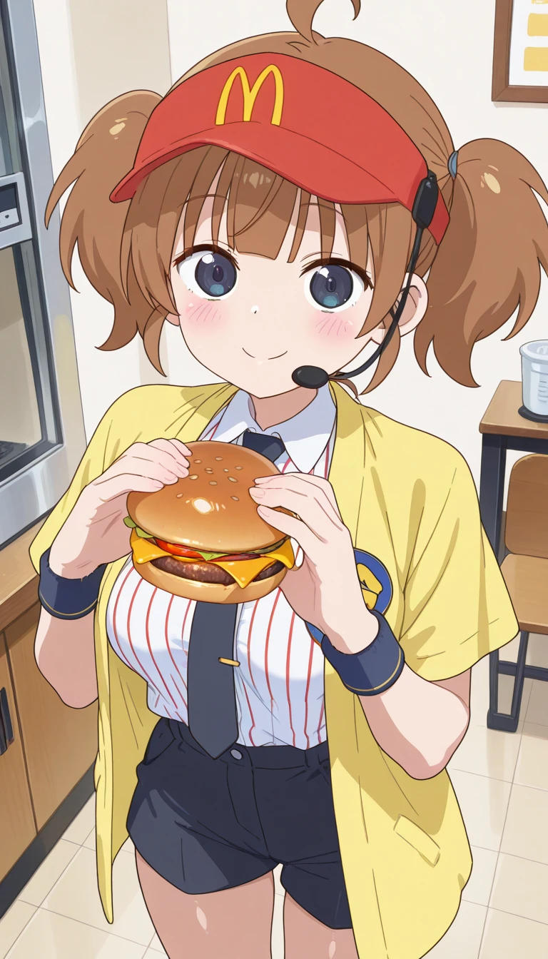 (masterpiece),best quality,amazing quality,very aesthetic,absurdres,newest,perfect body,shiny skin,perfect eyes,detail1eye,well-defined fingers,well-defined fingernails,anime style,indoors,1girl,solo,upper body,(portrait:1.5),looking at viewer,facing viewer,smile,blush,Kobayashi-san Chi No Maidragon anime style,Double Cheese,ahoge,headset,visor cap,red headwear,long hair,brown hair,short twintails,blunt bangs,black eyes,employee uniform,yellow jacket,open jacket,black necktie,collared shirt,white shirt,vertical-striped shirt,badge,short sleeves,wristband,holding food,hamburger,medium breasts,shirt tucked in,black shorts,short shorts,thighs,white socks,sneakers,<lora:Double Cheese(mcdonald's)-Illus:1.6>,<lora:Kobayashi-san Chi No Maidragon anime[style]:1.6>,