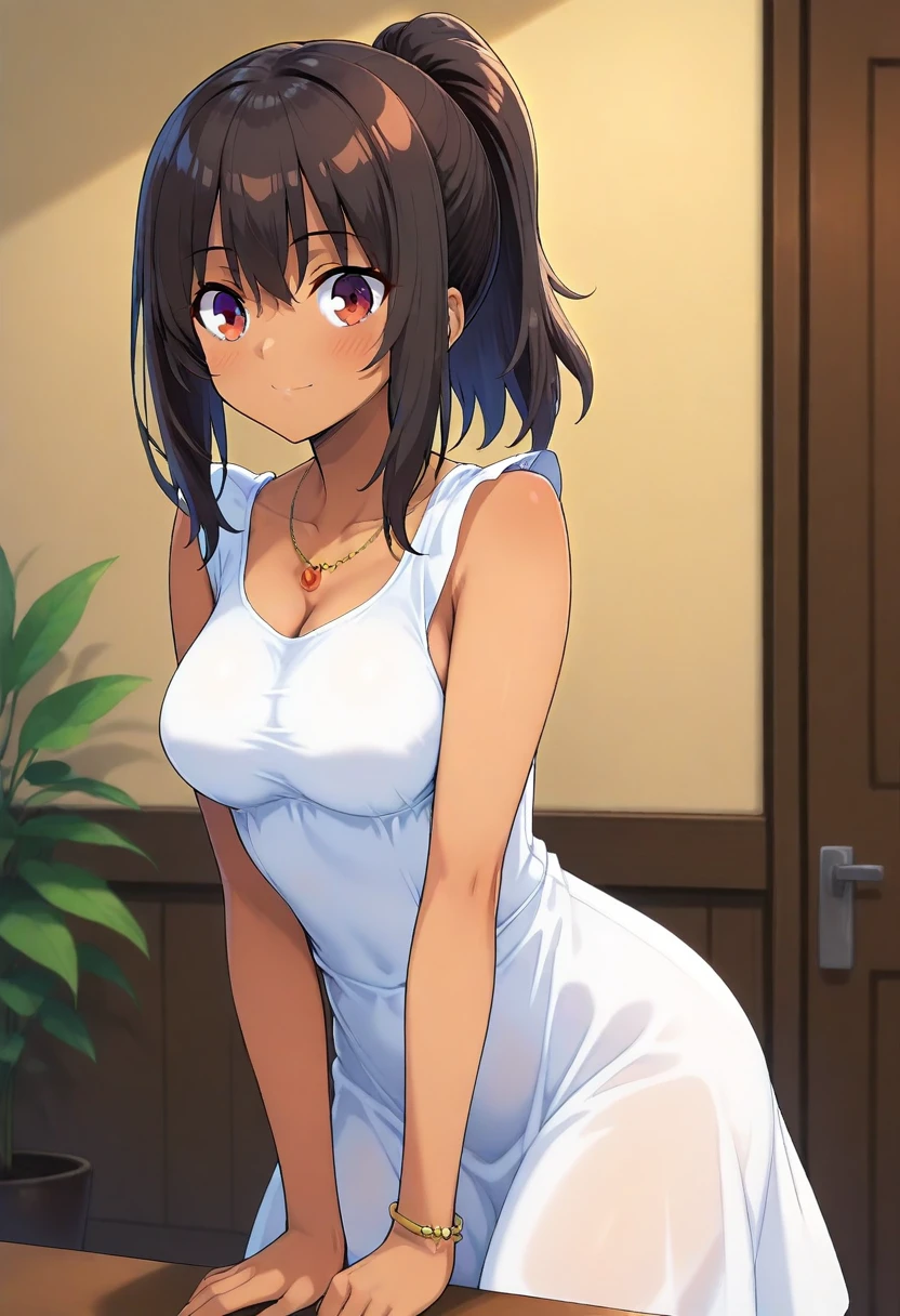best quality, 1girl, shlay, ponytail, sidelocks, dark-skinned female, white plain dress, sleeveless, necklace, bracelet, <lora:shlay_s_il:1>