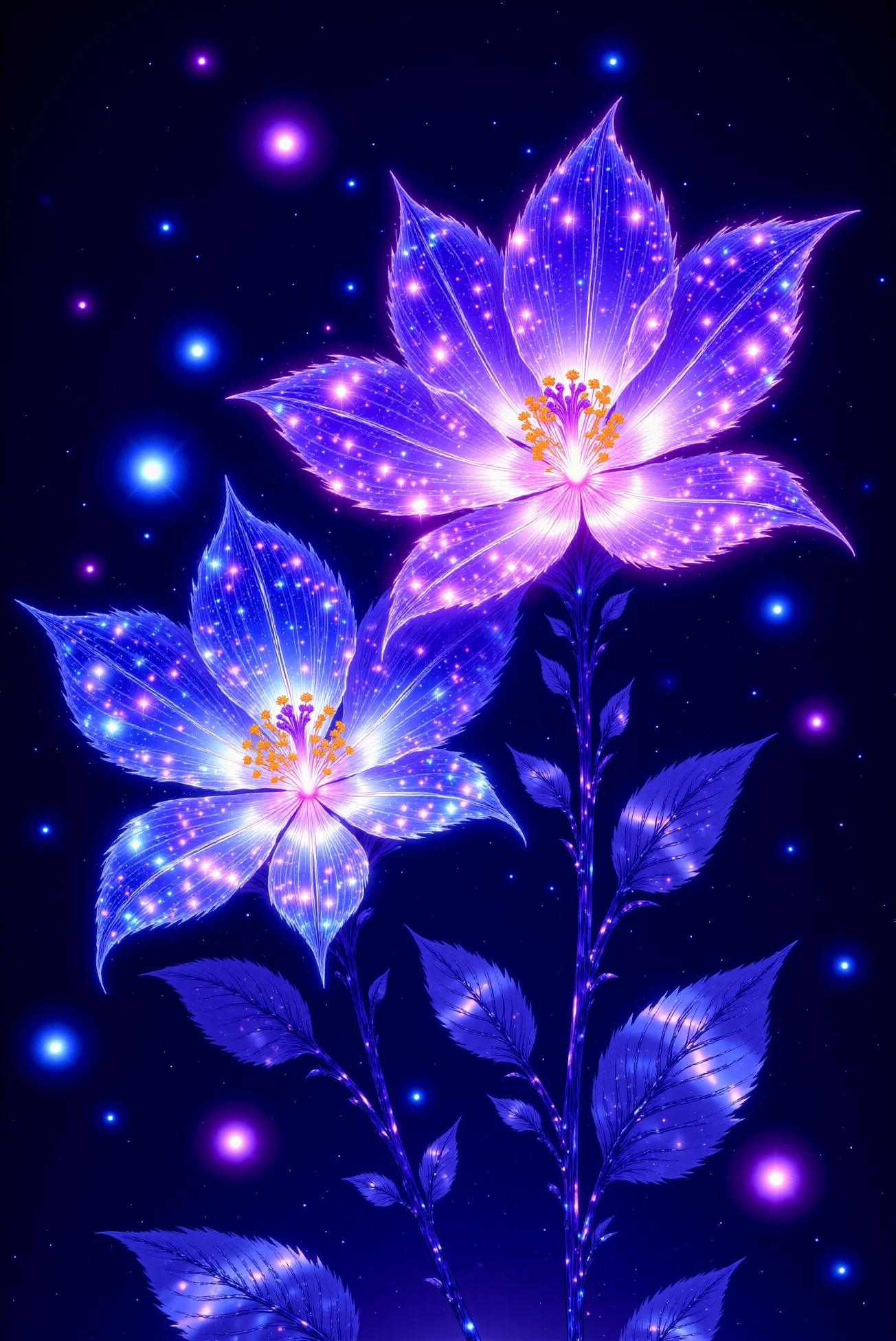 <lora:Vibrant_Glow_style:0.9> VibrantGlow style.
The image is a vibrant, digitally created artwork featuring two large, stylized flowers with delicate, glowing petals set against a dark, star-filled background. The flowers are depicted in brilliant hues of blue and purple, with their petals shimmering and radiating an ethereal glow. The petals are detailed with intricate veining and a soft, luminescent quality, creating a mesmerizing, almost otherworldly effect. The flowers' centers are bright and vibrant, with small, glowing orbs and specks that give the appearance of stars, adding to the celestial theme. The stems and leaves of the plants are also rendered in a deep, dark blue hue with a slight gradient effect, giving the impression of a glowing blue light emanating from them. The leaves and stems are detailed with a slight sheen, adding to the overall fantastical, dreamlike quality of the piece. The background features a deep, dark blue color speckled with numerous twinkling, glowing stars and orbs of light, creating a starry night sky effect. This background complements and enhances the luminescent flowers, making them stand out vividly.