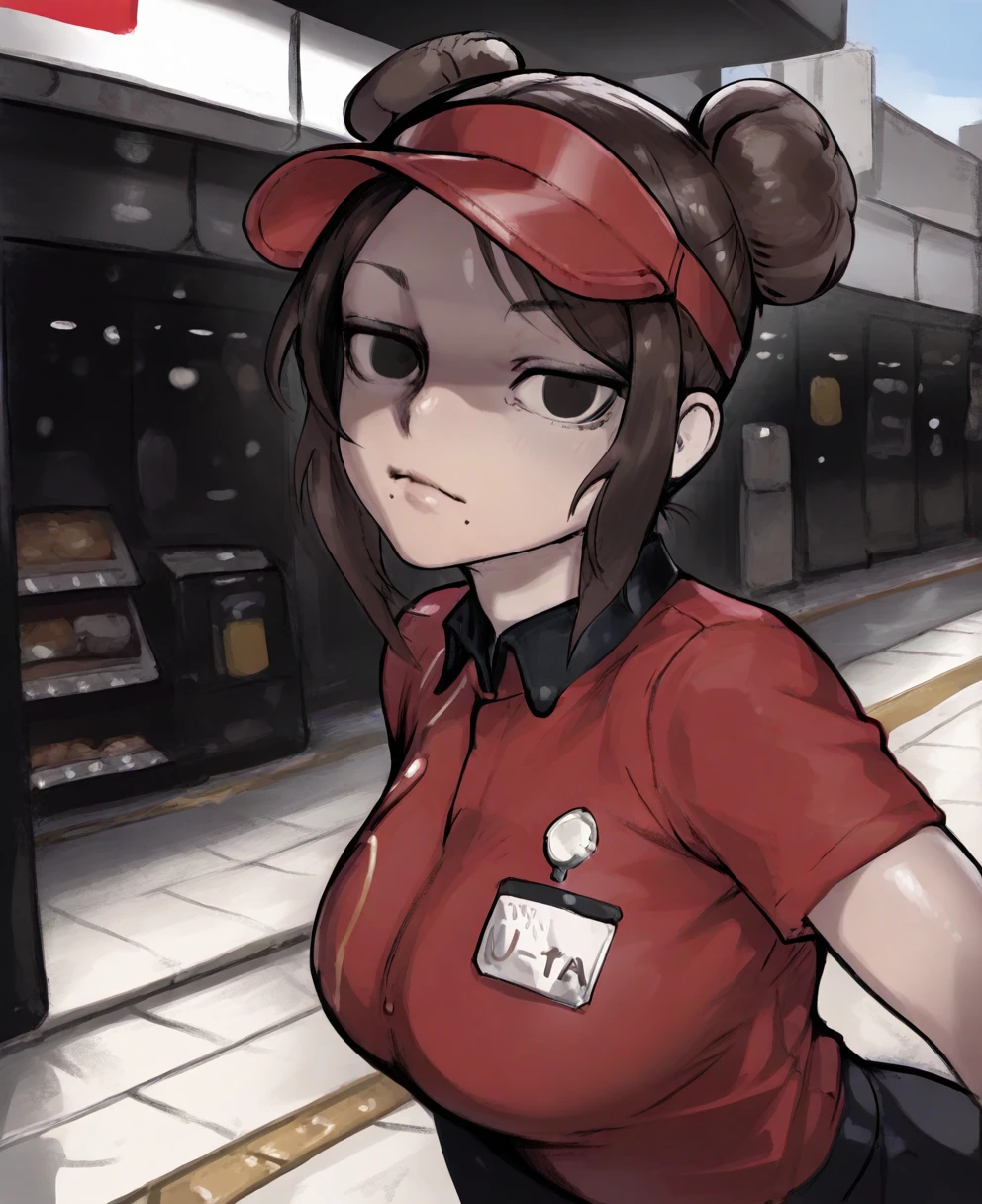 <lora:impshiiILLUS:1> impshii,,
(masterpiece), (best quality), (ultra-detailed), amazing quality, very aesthetic, illustration, perfect composition, intricate details, absurdres, incredibly absurdres, shiny skin, realistic,
<lora:boss:1>, boss_(gats), hair bun, double bun, mole under mouth, visor cap,brown hair, employee uniform, black eyes, red_shirt, looking at viewer,