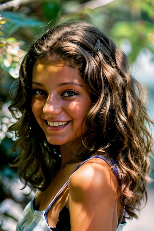 Arafada girl with a pink necklace and a purple flower in her hair, 13years, around 1 9 years old, foto restaurada, Una foto coloreada, foto coloreada, taken in the mid 2000s, Foto antigua en color, Gran sonrisa en su rostro, old color photograph, tomada en 1 9 9 7, Foto coloreada, foto realista