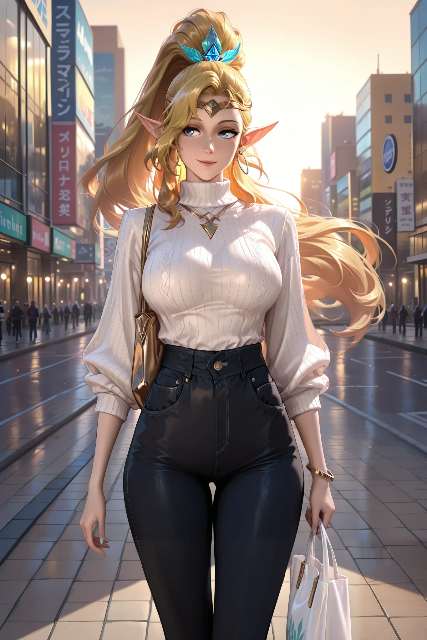 masterpiece, best quality, ultra-detailed, absurdres, newest,1girl, solo,miyapriestess, long hair, blonde hair, blue eyes, hair ornament, elf,high ponytail, pointy ears, casual outfit, white turtleneck sweater, black skinny jeans, silver hoop earrings, standing on city sidewalk, holding a tote bag, confident expression, soft autumn breeze, golden hour lighting