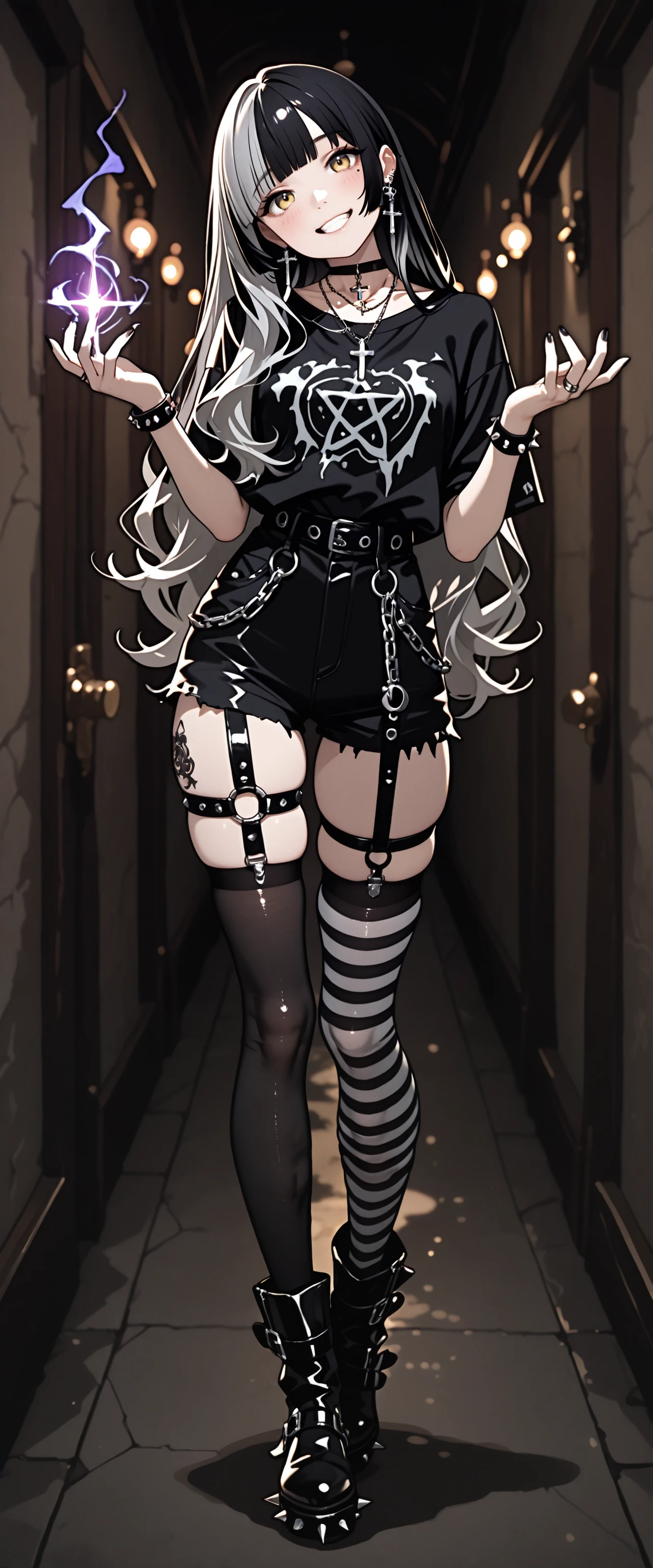 absurdres, high_quality, newest, incredibly_absurdres, very aesthetic, glint, magic, magic_user, lens_flare, aura, vibrant (blurry:1.3, blurry_background, bokeh), (grainy_texture:1.3)
(BSH-Illu, wolf_cut, multicolored hair, solo, cross necklace, cross earrings, gradient_hair, two-tone hair, choker, tattoo, necklace, head tilt, multicolored_hair, grey_hair, very_long_hair, 1girl)
disturbed_(band) original
absurdres highres
1girl :d ankle_boots asymmetrical_legwear band_shirt black_hair black_nails black_shirt black_shorts black_thighhighs blush bracelet chain earrings hallway hands_up head_tilt heavy_metal leaning_to_the_side looking_at_viewer medium_hair merchandise mismatched_legwear o-ring_thigh_strap open_mouth pentagram_necklace punk smile solo spiked_boots spiked_bracelet standing standing_on_one_leg striped_clothes striped_thighhighs studded_bracelet thigh_strap thighhighs wolf_cut yellow_eyes