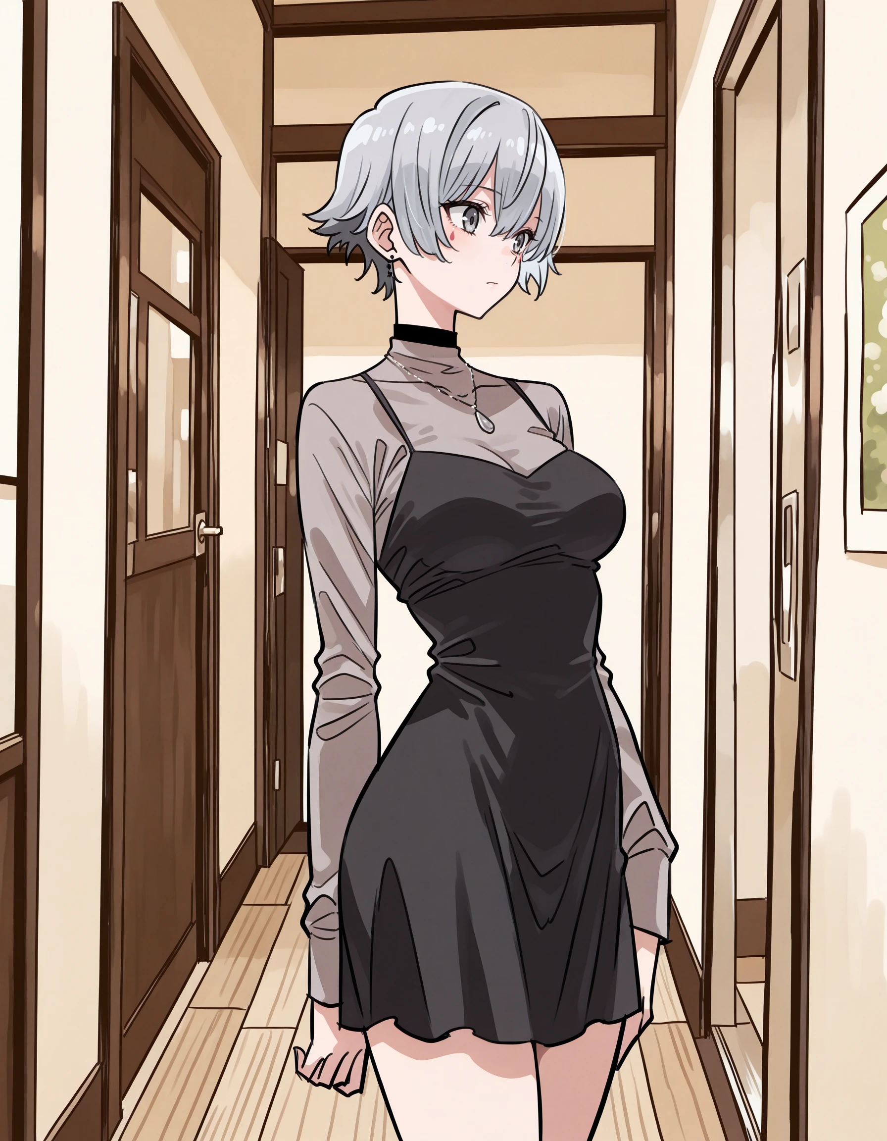 masterpiece, best quality, high quality, highres, 4k, newest, anime, solo, casual, contemporary, <lora:AETakeuchiRyousuke:1.35>
<lora:AEAtoli AEShino:1> AEShino, grey eyes, grey hair, short hair, teardrop facial mark, medium breast, goth fashion, dress,
