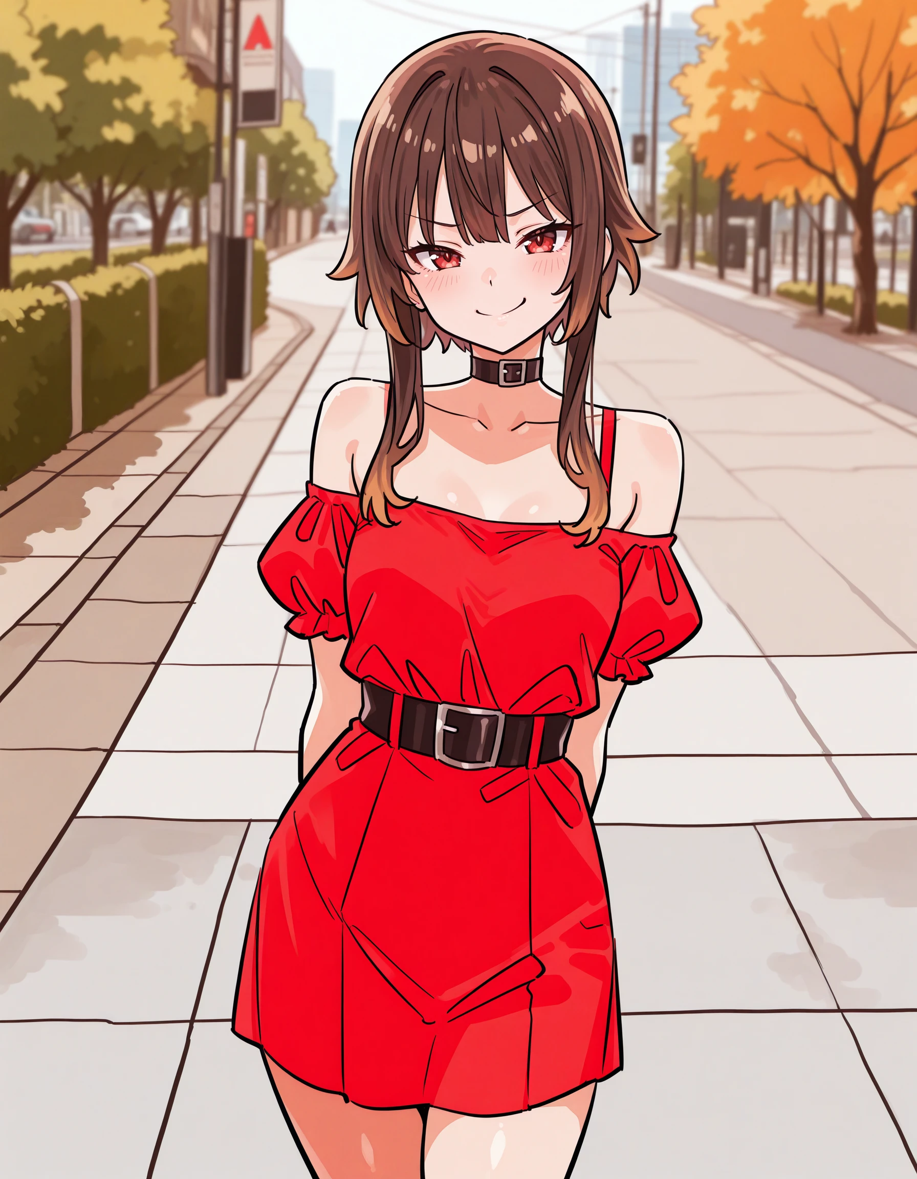 masterpiece, best quality, high quality, highres, 4k, newest, anime, <lora:AETakeuchiRyousuke:1.35>
<lora:AEMeguminIlx:1> AEMegumindef, red eyes, Brown hair, Belt choker, red dress, off-shoulder dress, outdoors, smug, contemporary, casual,
