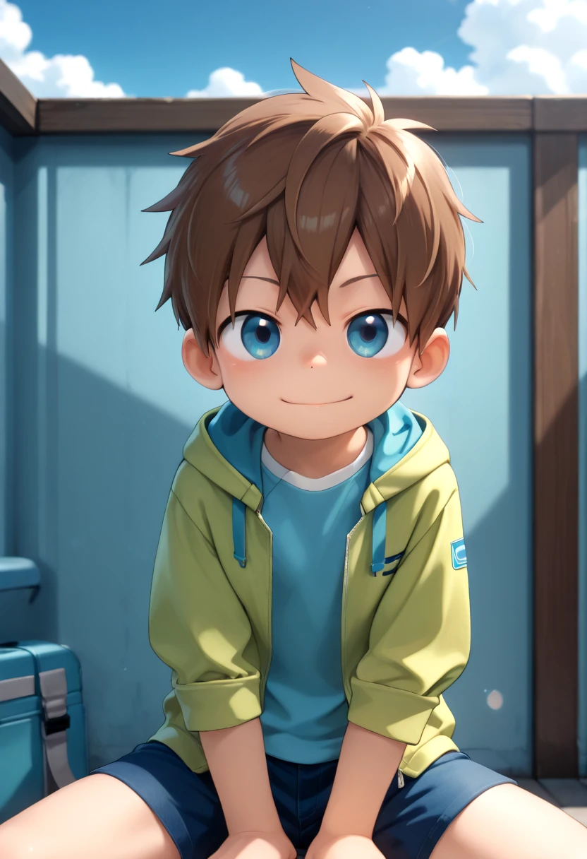 type-d, solo, looking at viewer, smile, blue eyes, brown hair, shirt, 1boy, sitting, jacket, male focus, outdoors, sky, shorts, day, cloud, hood, mischievous grin, blue sky, hoodie, spiked hair, akihiro, <lora:IL/cutifiedanimecharacterdesign_variant_type_D_IL_v10:1.0>