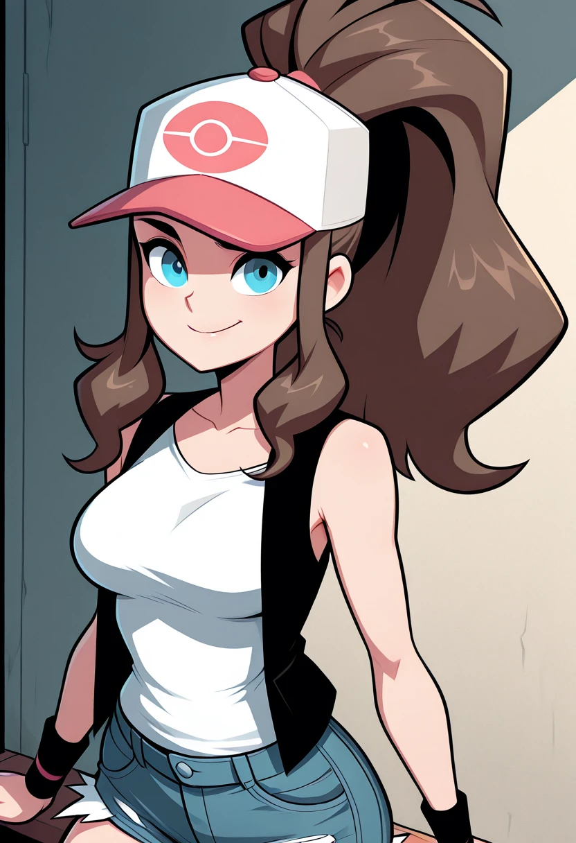 masterpiece, best quality, medium breasts, (curvy), BREAK, zzHilda, blue eyes, long hair, high ponytail, sidelocks, hat, collarbone, white shirt, black vest, sleeveless, wristband, short shorts, denim shorts, exposed pocket, <lora:HildaPokemonIXL_e08:1.0>,smile, looking at viewer, cowboy shot, <lora:Style60_IXL:1.2>,