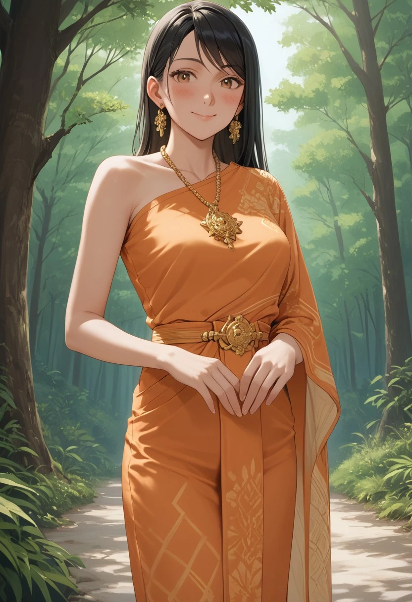 score_9,score_8_up,score_7_up,masterpiece, best quality, amazing quality, girl, black hair, brown eyes, portrait shot, long hair, straight hair, side swept bangs, medium breasts, perfect eyes, 8k, highest quality, ultra details,1girl, solo, perfect brown eyes ,long black hair, tan skin, thailand girl, Thailand traditional clothing, (pink Chut Thai Dress:1.2), (orange strapless Silk Chut Thai Dress, orange sabai shawl over right shoulder, shawl hanging straight down, Left shoulder bare,bare arms, orange and blue Sinh skirt:1.5), Gold Thai headpiece, Gold Bangles, Gold earrings, gold heels, Gold Necklace, model photoshoot, Break, twirling, in the thai temple, agnkor wat, , lush green forest, buddha statue background, forested background, tree canopy covers sky, crepuscular sun beams,( cowboy shot,:1.2), cute, happy, blush, holding a gold tamborine, dancing, looking at viewer,