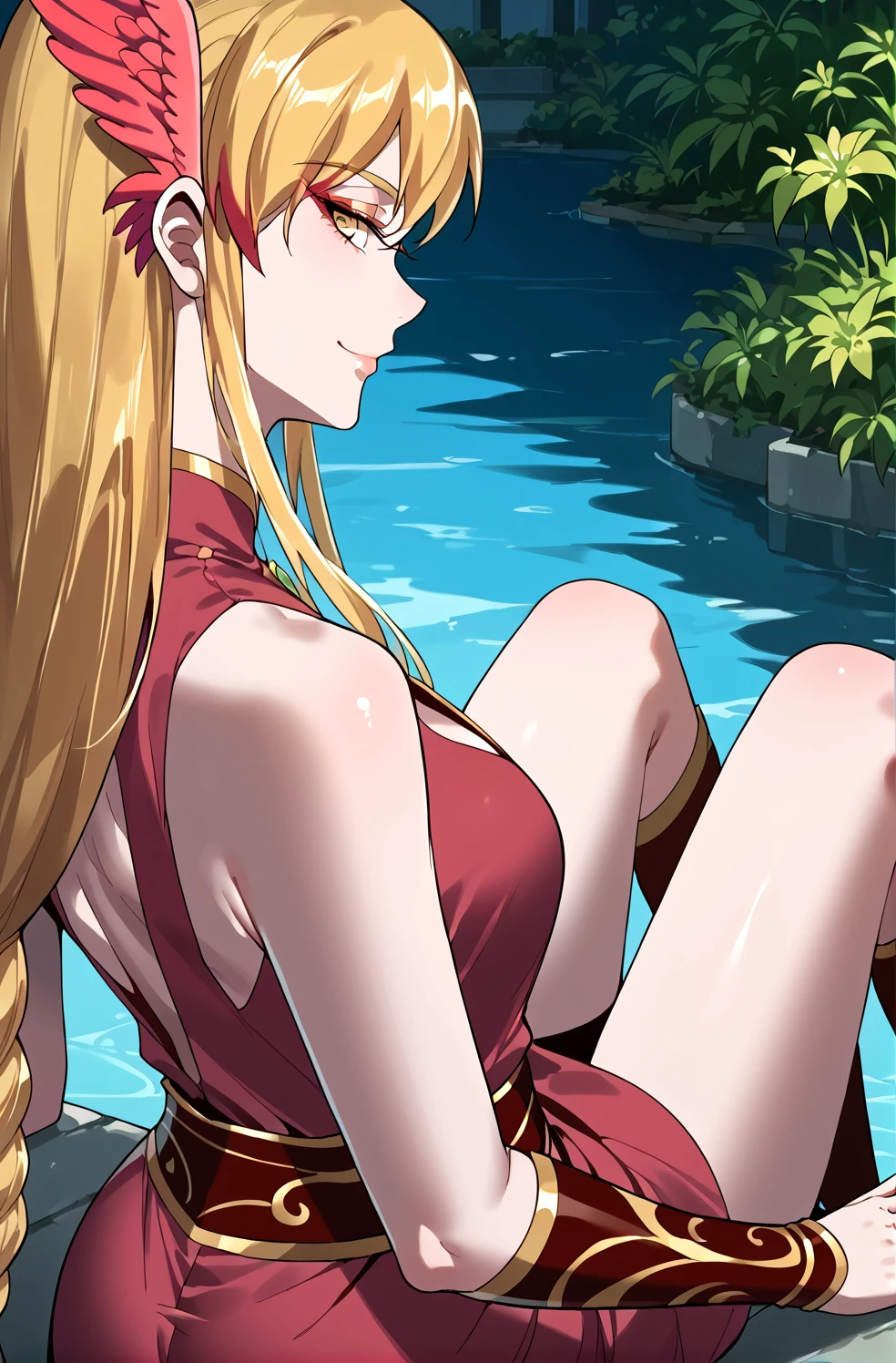 blonde very long hair, red eyes, wearing a sexy pink dress, side slit, ultrasharp, looking at the viewer, ((best quality)), ((masterpiece)), (detailed), perfect face, big breast, sexy body, sexy woman besides her, hugged, An anime scene of two girls hugging and kissing intensely, with hearts and sparkles floating around them as they stand in pool of water