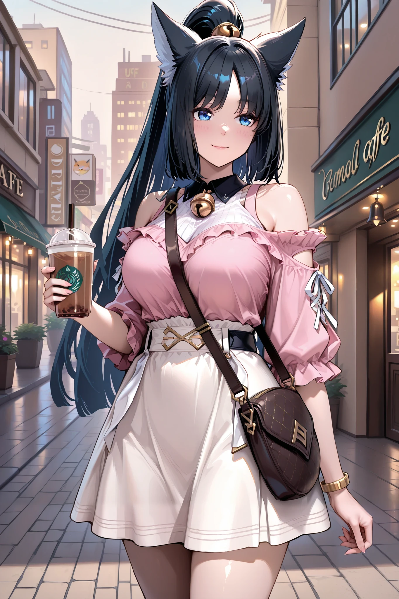 masterpiece, best quality, ultra-detailed, absurdres, newest,1girl, solo,miyasuzuhime, long hair, black hair, blue eyes, bell, high ponytail, fox ears, bangs, sidelocks, casual outfit, pastel pink off-shoulder top, short white skirt, crossbody bag, gold bracelet, standing near a cafe, holding a cup of boba tea, soft smile, urban background, warm afternoon glow