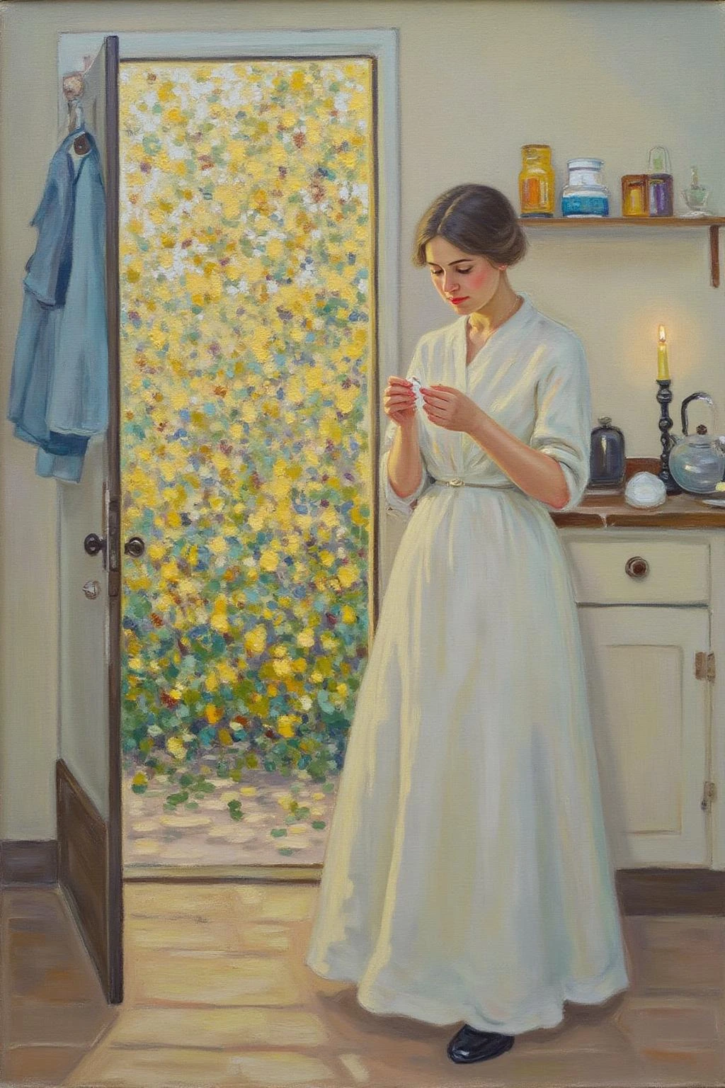 helenmcnicoll2 painting.
On the right, a woman stands in a softly lit room, looking at something she holds in her hand. On the left, an open door reveals a garden bathed in warm, golden light. The garden is filled with a dense, glowing canopy of foliage.
There are some clothes hanging behind the door. A counter stands behind the woman, with a kettle and a candle holder on it.
<lora:helenmcnicoll2_cap_d6a3:1.0><lora:838469490107980570:0>
