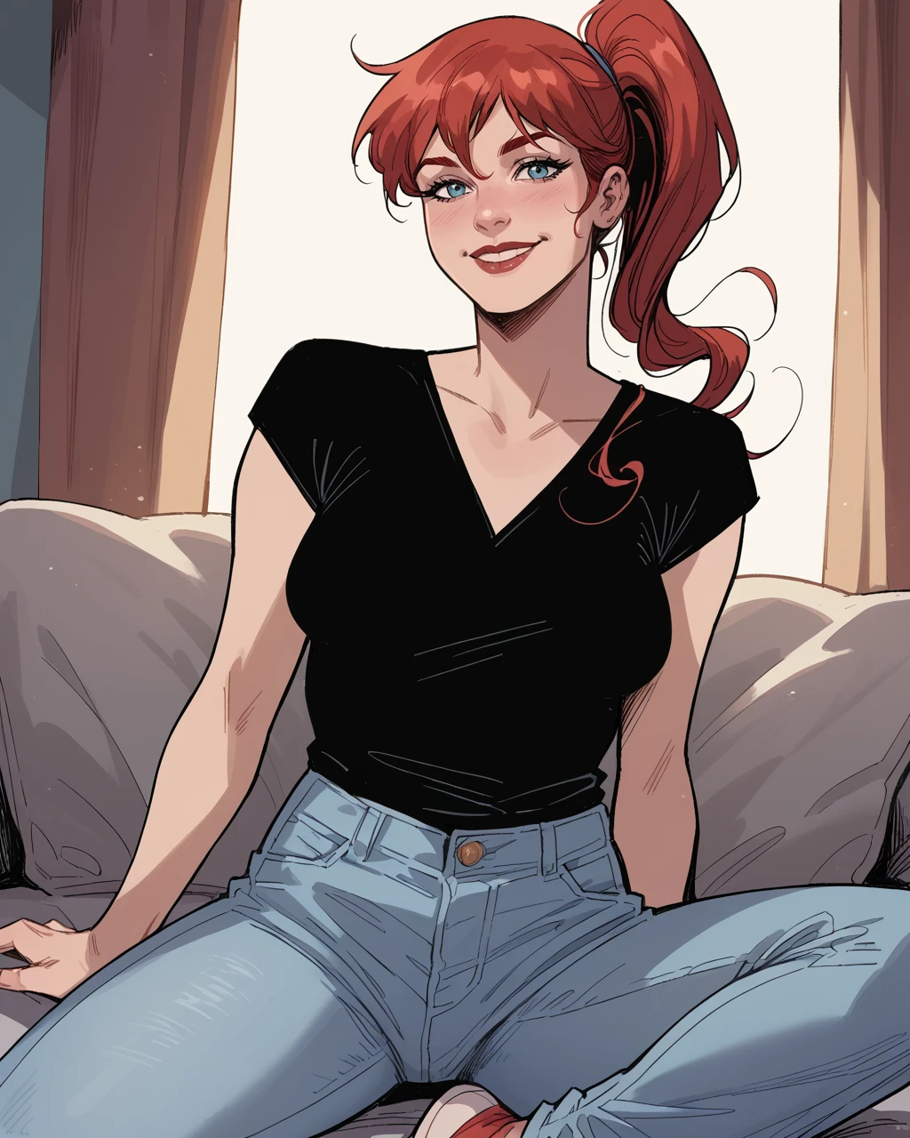 score_9, score_8_up, score_7_up, score_6_up, masterpiece, best quality, zPDXL3, zPDXLxxx, <lora:MarcoChecchetto:1> checchetto, <lora:MJ_90s:0.7> mj, red hair, long hair, ponytail, blue eyes, black t-shirt, jeans, sitting, looking at viewer, smile,
