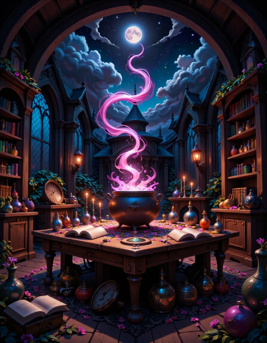 The image is a digital illustration of a magical scene in a dark room. The room is filled with various items, including an open book, several bottles of potions, and several lit candles. In the center of the image, there is a large cauldron with a purple flame coming out of it. The cauldron is placed on a wooden table, and there are several other items scattered around it. On the right side of the table, there are bookshelves filled with books, and on the left side, there appears to be a window with a view of the outside. The overall atmosphere of the room is dark and mysterious. <lora:magic-dream:0.5> md0924, magic, anna stokes, boris vallejo, alphonse mucha, sky with clouds and moon, flowers, swirl magic