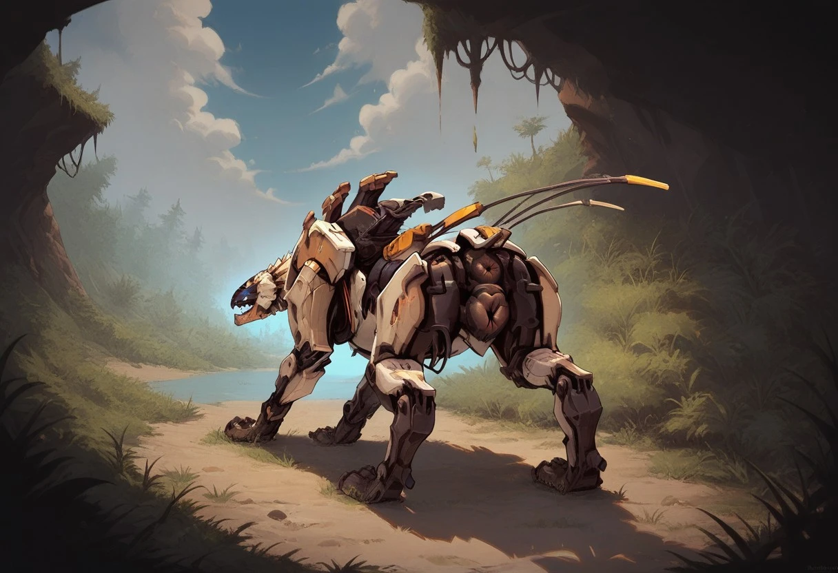 score_9, score_8_up, score_7_up, (solo), 1girl, solo, sawtooth, robot saber-toothed tiger, white body, claws, big teeth, four blue glowing eyes, four cat leg, digitigrade legs, wide hips, (canine pussy), sexy pose, feral, anus, day, swamp,