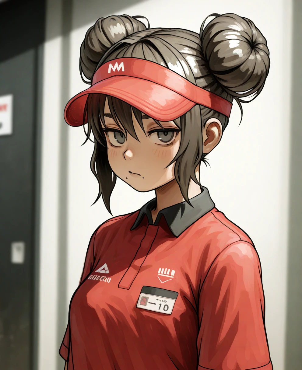 shion (mirudakemann) <lora:illustrious_styles_v3:1>,,
(masterpiece), (best quality), (ultra-detailed), amazing quality, very aesthetic, illustration, perfect composition, intricate details, absurdres, incredibly absurdres, shiny skin, realistic,
<lora:boss:1>, boss_(gats), hair bun, double bun, mole under mouth, visor cap,brown hair, employee uniform, black eyes, red_shirt, looking at viewer,