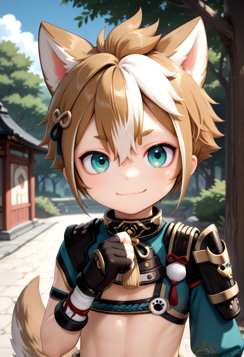 masterpiece, best quality
gorou, 1boy, male focus, solo, dog boy, animal ears, dog ears, tail, dog tail, multicolored hair, streaked hair, brown hair, white hair, short hair, hair between eyes, bangs, hair ornament, blue eyes, aqua eyes, crop top, bandages, asymmetrical sleeves, armor, shoulder armor, tassel, gloves, black gloves, fingerless gloves, outdoor, upper body, tree, japan, sky, happy face expression, black bodysuit, <lora:IL/Gorou_-_ILL:1.0>