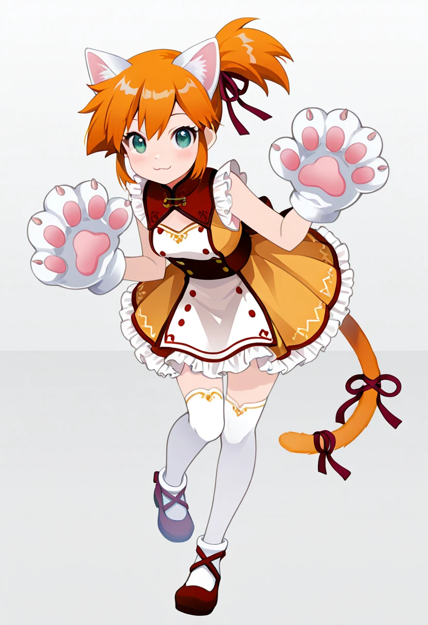 masterpiece, best quality, 1girl, solo, eyelashes, (beautiful eyes), smile, zzMisty, green eyes, orange hair, short hair, side ponytail, <lora:MistyPokemonIXL:0.8>, leaning forward, portrait, :3, smile, blush, C0utur3Cr4z3, thighhighs, gloves, dress, bow, ribbon, standing, tail, shoes, cat ears, white thighhighs, cat tail, standing on one leg, animal hands, , tail ornament, paw gloves, tail ribbon, cat paws, <lora:CoutureCraze_IXL:1.0>,