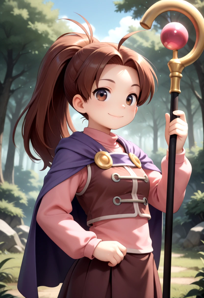 masterpiece, best quality, outside, standing, 1girl, jenn4,brown hair, high ponytail, brown eyes, antenna hair, long hair, purple cape, brown vest, pink shirt, long sleeves, brown skirt, holding staff, looking at viewer, happy, forest, blue sky, upper body, <lora:IL/gsjenna-illu-nvwls-v1-Illustrious:1.0>