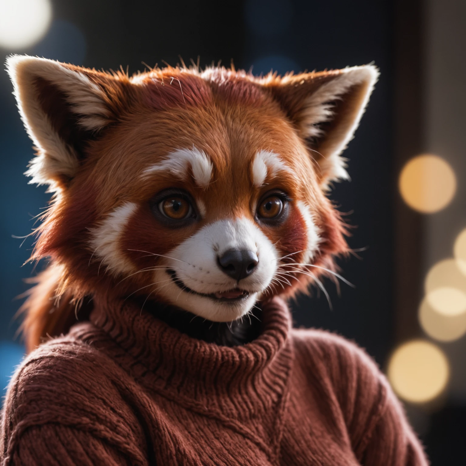 Closeup of an anthro furry red panda female wearing a wool sweater, high quality photography, 3 point lighting, flash with softbox, 4k, Canon EOS R3, hdr, smooth, sharp focus, high resolution, award winning photo, 80mm, f2.8, bokeh