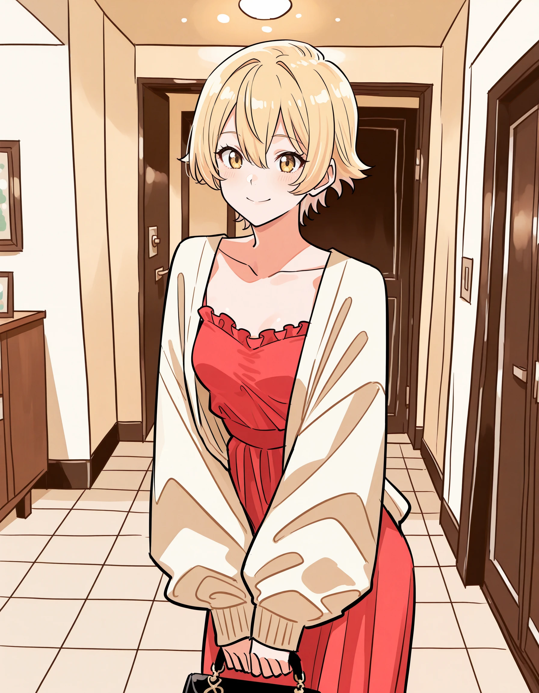 masterpiece, best quality, high quality, highres, 4k, newest, anime, solo, casual, contemporary, <lora:AETakeuchiRyousuke:1.35>
<lora:AEAtoli AEShino:1> AEAtoli, yellow eyes, blonde hair, short hair, small breast, smile, dress, open cardigan, holding handbag, v arms, frills,