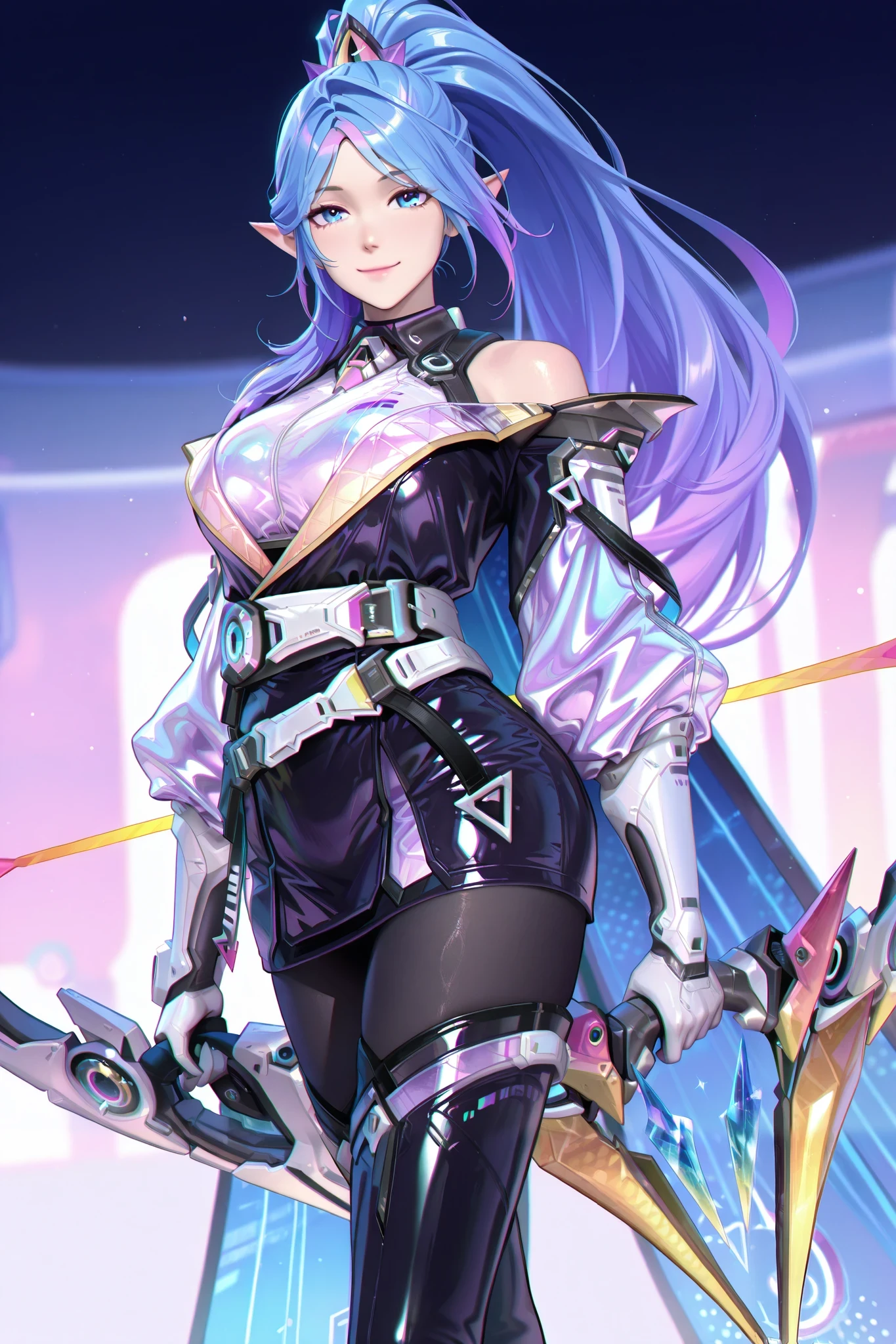 masterpiece, best quality, ultra-detailed, absurdres, newest,1girl, solo, miyaatomic, long hair, multicolored hair, purple hair, blue hair, blue eyes, pointy ears, futuristic outfit, jacket, belt, gloves, thigh boots, black pantyhose, cape, beautiful face, charming smile, gentle expression, sparkling blue eyes, soft lighting, smooth skin, perfect shading, holding bow (weapon), looking at viewer
simple background, blurred background, soft pastel colors, clean composition, natural pose, relaxed shoulders, elegant posture