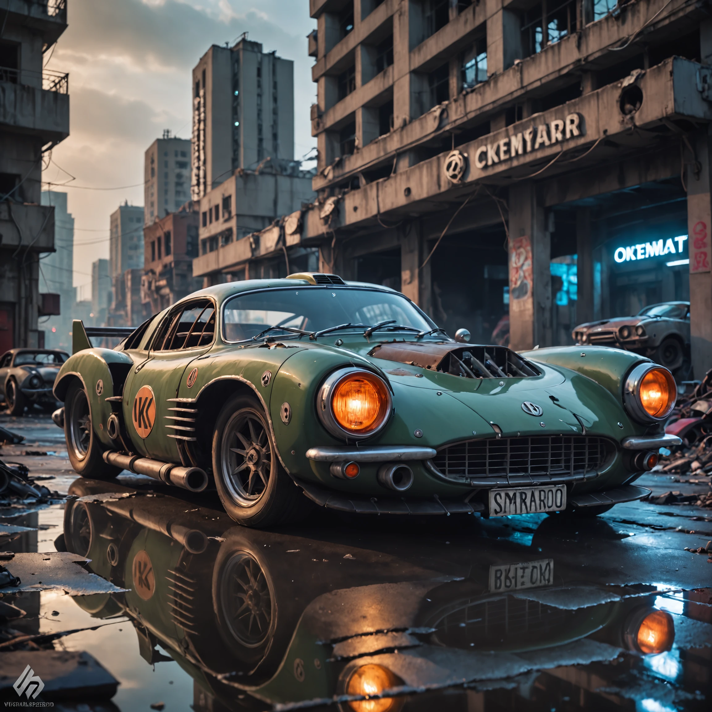 cinematic film still an futuristic cyberpunk, dieselpunk sports car in a destroyed city after an nuclear blast . shallow depth of field, vignette, highly detailed, high budget, bokeh, cinemascope, moody, epic, gorgeous, film grain, grainy, high quality photography, 3 point lighting, flash with softbox, 4k, Canon EOS R3, hdr, smooth, sharp focus, high resolution, award winning photo, 80mm, f2.8, bokeh