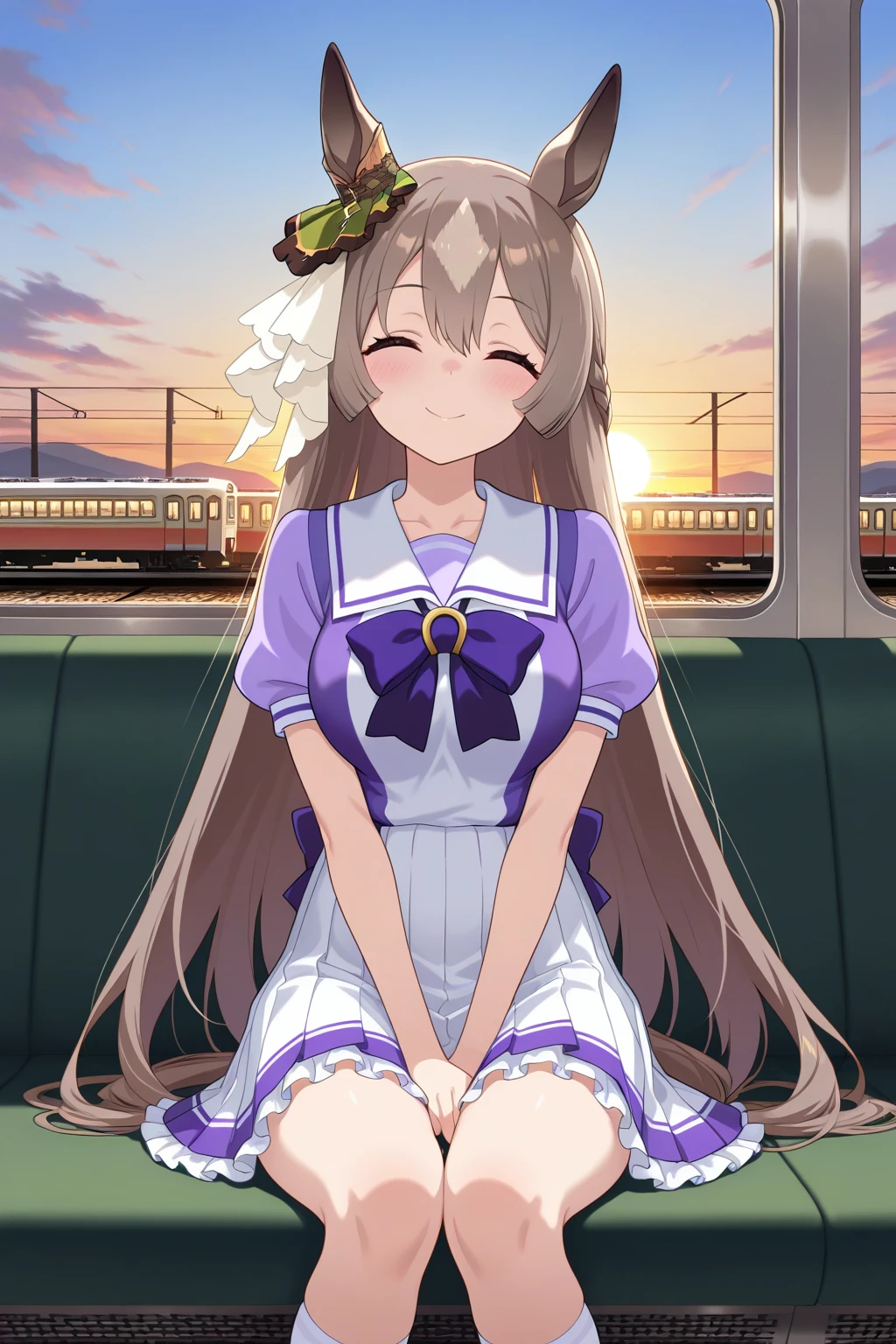 masterpiece,best quality,amazing quality,newest, tracen school uniform, sitting, looking at viewer, safe, twilight, sky, smile,
1girl, satono diamond \(umamusume\), facing viewer, sun, train, closed eyes, <lora:xl_saturation_slider:-1>