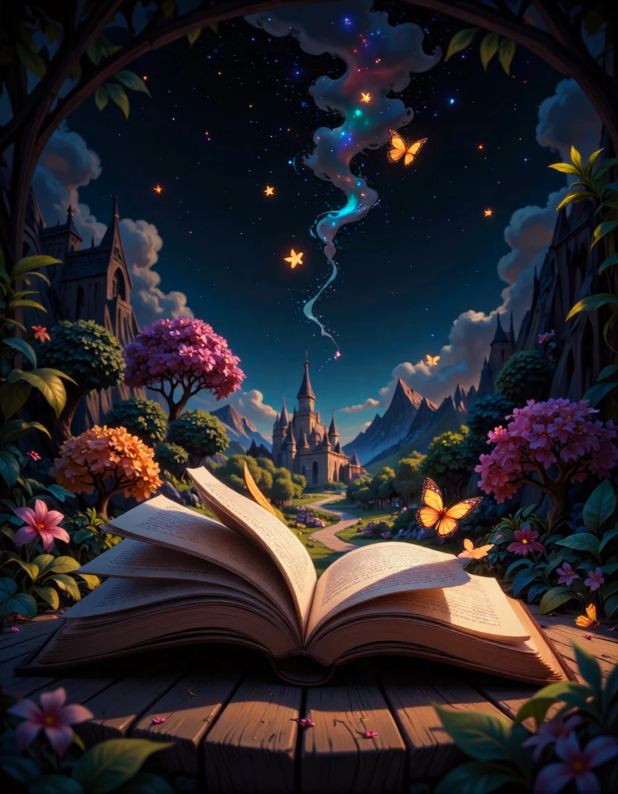 The image is a digital illustration of an open book with a dark background. The book is lying on its side on a wooden surface, with the pages facing towards the right side of the image. The pages of the book are open, revealing a beautiful landscape with trees, plants, and a castle in the background. There are also a few butterflies flying around the book, adding to the magical atmosphere. The sky is filled with stars and sparkles, creating a magical and mystical feel. The overall color scheme is dark and moody, with a mix of blues, greens, and yellows.