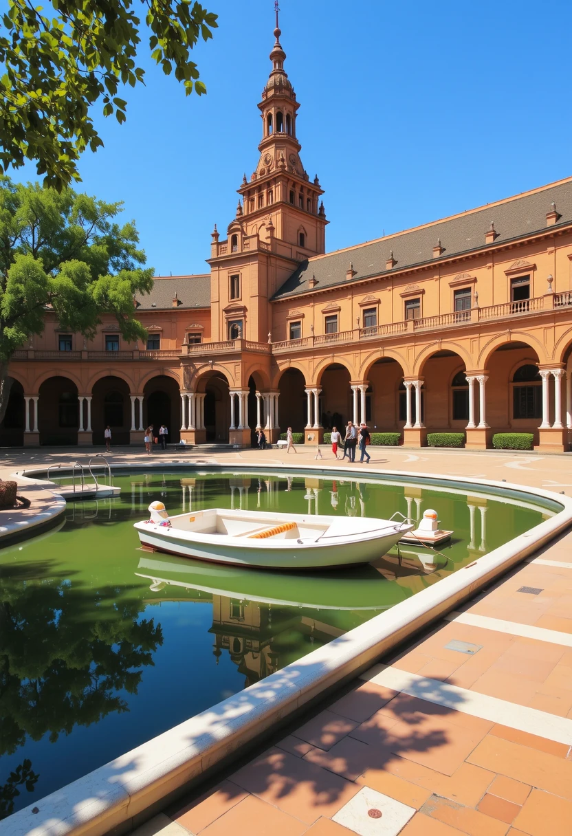 realistic, best quality,, <lora:Plaza_de_España_Spain_Square_-_Seville_Flux:1> plazaespaña, Plaza de España, Spain Square a historic square in Seville, Sevilla sunny day. The scene features a picturesque, with ornate architectural details including arched windows boats in the pond, warm white lights, taken during the day with clear, and white tiles, dressed in a variety of casual and formal attire, corridor