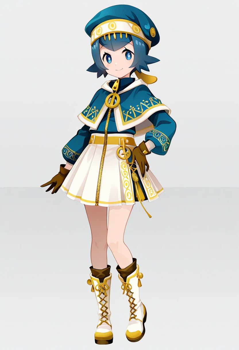masterpiece, best quality, 1girl, solo, eyelashes, (beautiful eyes), zzLana, yellow hairpiece, <lora:LanaPokemonIXL_e06:1.0> (v), hand on hip, smile, dynamic angle, C0utur3Cr4z3, solo, simple background, gloves, long sleeves, hat, white background, standing, full body, boots, capelet, white footwear, brown gloves, blue headwear, zipper, white skirt, <lora:CoutureCraze_IXL:1.0>,