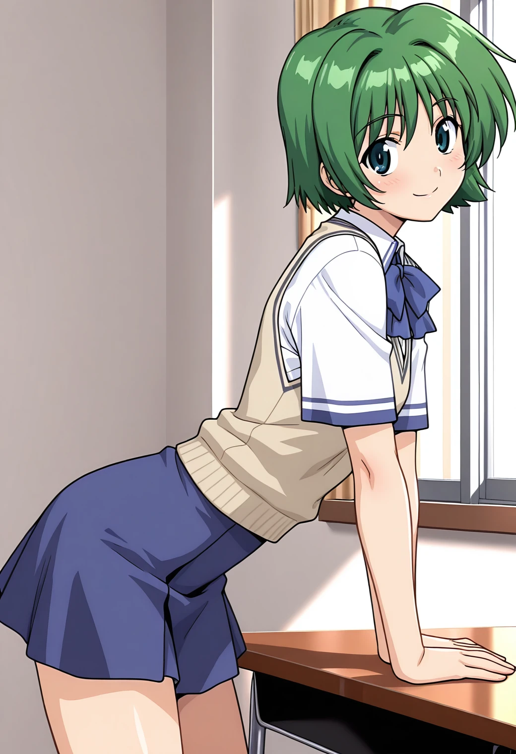 Peeing self, Have to pee, Anime, looking at camera, embarrassed, blush, pee stain, pee stain on skirt, peeing, yellow pee, tears, crying, out of breath, sweating, blue eyes, green hair, one girl, Nino, white skirt, short hair, purple headband