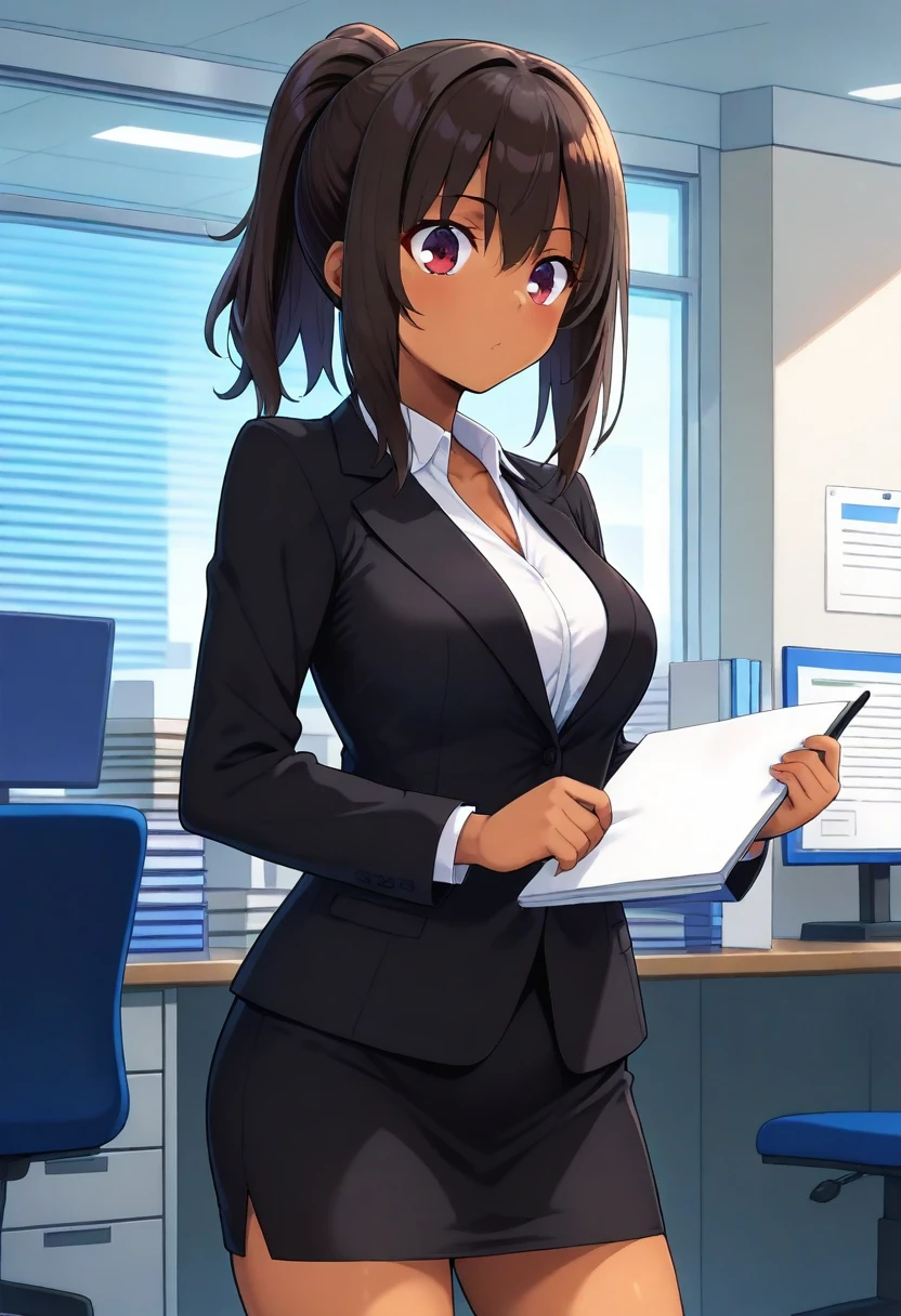 best quality, 1girl, shlay, ponytail, sidelocks, dark-skinned female, skirt suit, office, <lora:shlay_s_il:1>
