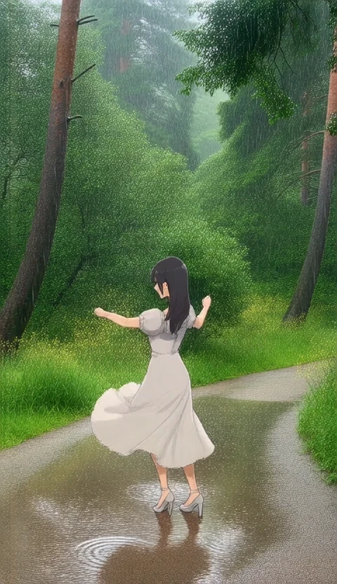 photo background, artist:[miyajima reiji|pong \(pong o0\)|gishiki \(gshk\)|matsuoka \(mtok 0\)|mika pikazo|yu \(stdio nameraka\)], outdoors, greenery, nature, scenery, pine tree, shrub, fallen leaves, forest, delicate wildflowers, towering trees, green foliage, rain, raindrops, soft mist, wet tree trunks, gentle ripples in puddles, cool fresh air, standing, dancing pose, body twirls, long black hair, embracing the rain, joyful expression, gentle smile, elegant dress dampened by the raindrops, looking at viewer, cowboy shot, dynamic angle, real world location, photo background, film grain, photo bashing,
live2d animation, upper body, high quality cinematic video of a woman dancing in a forest.
The Camera is steady, This is a cowboy shot. The animation is smooth and fluid.
masterpiece, best quality, very aesthetic