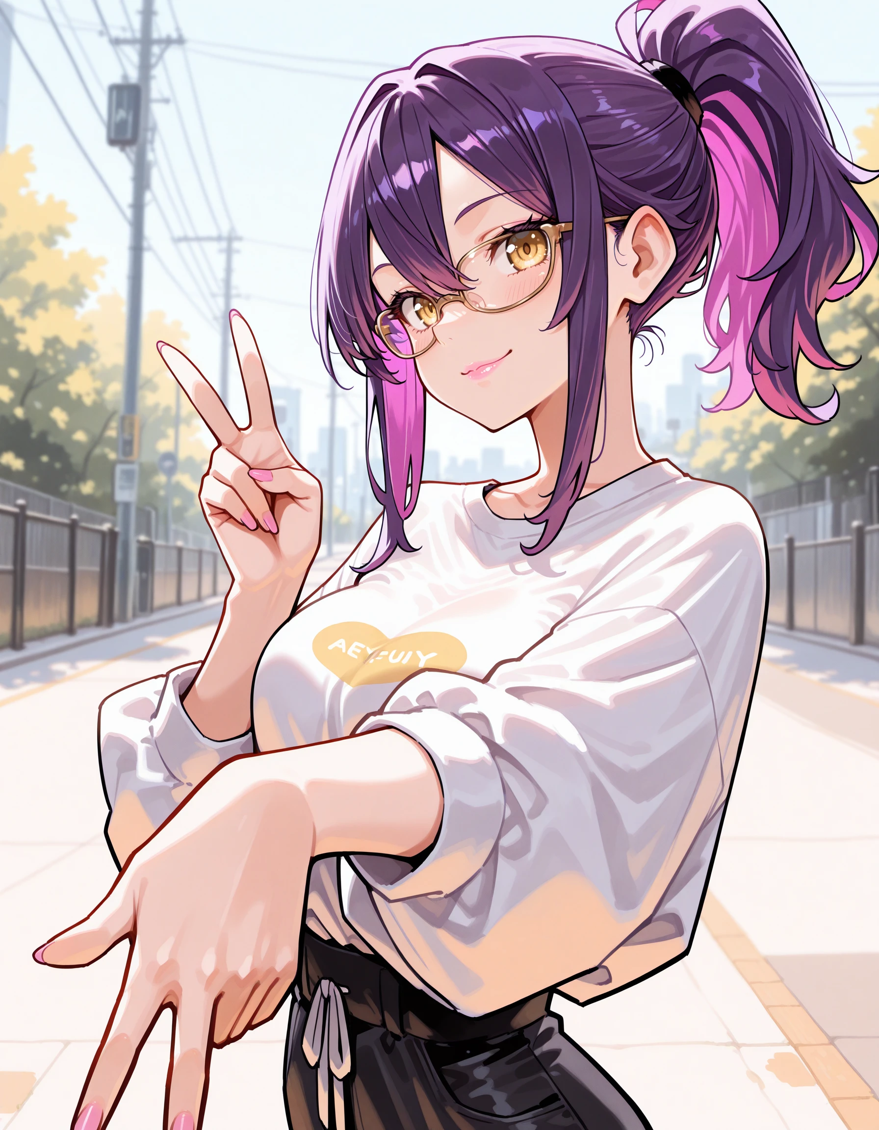 masterpiece, best quality, high quality, highres, 4k, newest, anime, solo, casual, contemporary, <lora:AETakeuchiRyousuke:1.35>
<lora:AESumire:0.8> AESumire, colored inner hair, hair between eyes,pink lips, ponytail, purple hair, sidelocks, yellow eyes, glasses, outdoors, gyaru v, smile,