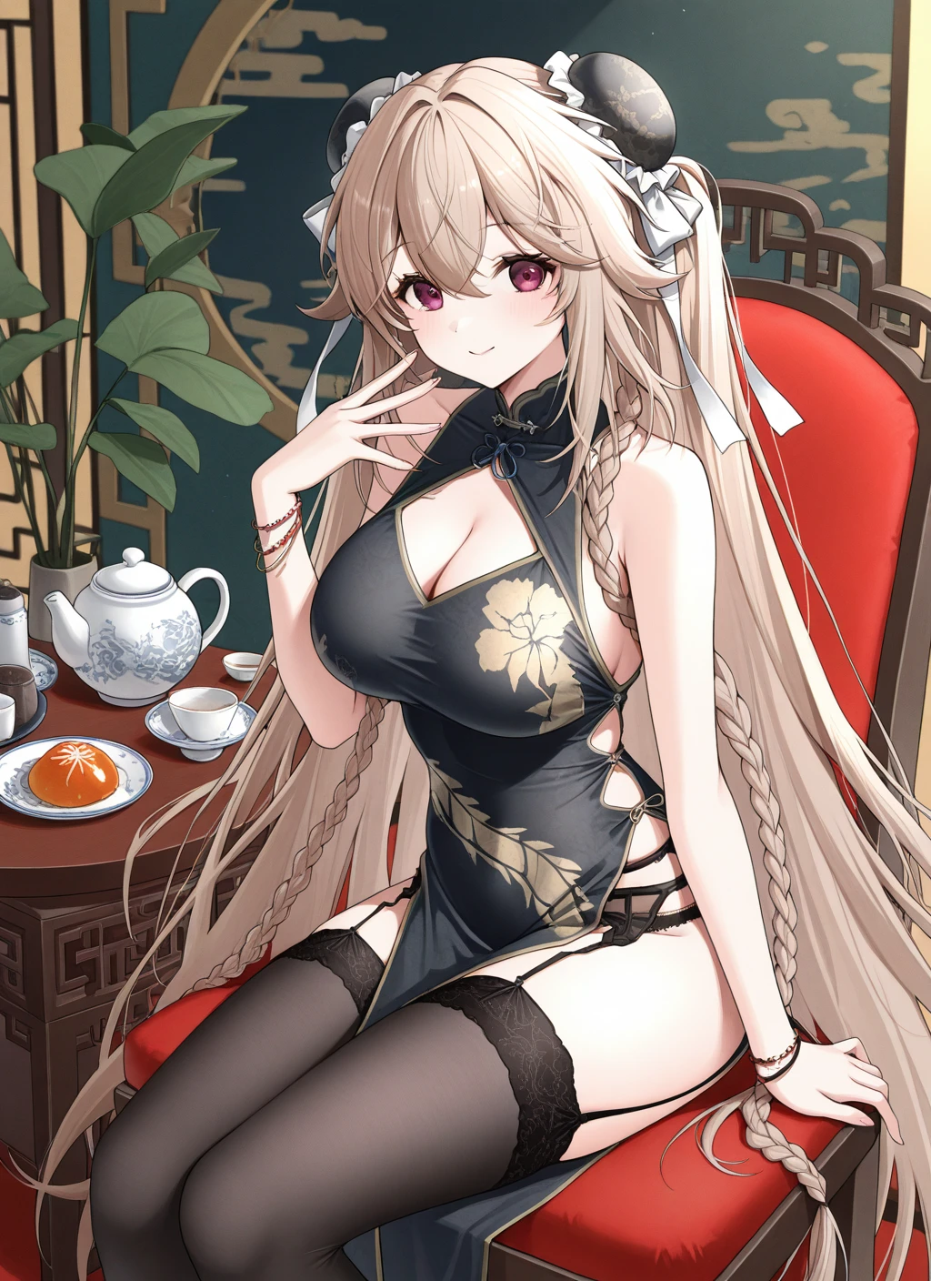 <lora:anchorage_IL_v1.0:1>,anchorage \(china dress\) \(azur lane\),hair bun,china dress,braid,black lace-trimmed legwear,garter belt,bracelet,bare shoulders,smile,sitting,teapot,mm_(mm_chair),, masterpiece,best quality,