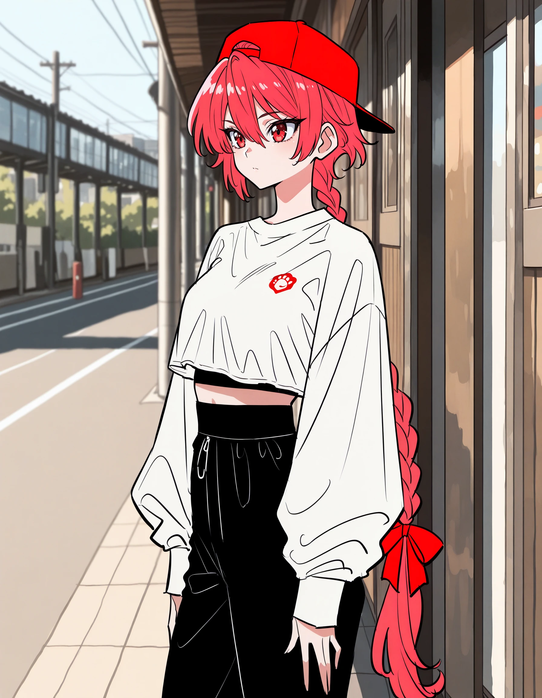 masterpiece, best quality, high quality, highres, 4k, newest, anime, solo, casual, contemporary, <lora:AETakeuchiRyousuke:1.35>
<lora:AEHikaru:1> AEHikaru, red eyes, red hair, braided ponytail, hair between eyes, hair ribbon, long braid, long hair, single braid, sportswear, backwards hat, crop top,